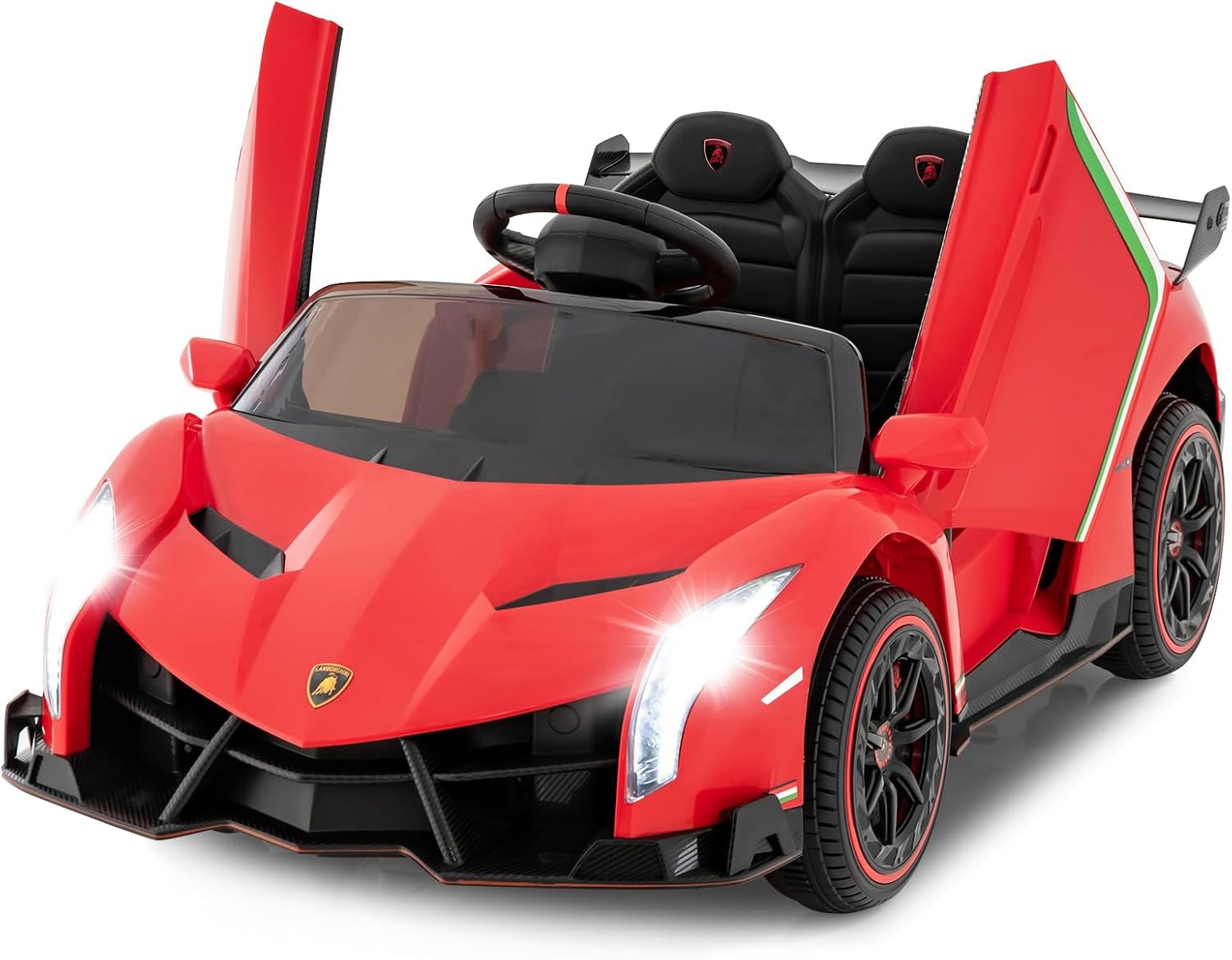 OLAKIDS 2 Seater Kids Ride On Car, 12V 4WD Licensed Lamborghini Veneno Electric Vehicle with Remote Control, Toddlers Battery Powered Toy Gift with 2 Speeds, Rocking Mode, Music, USB, MP3 (Red)