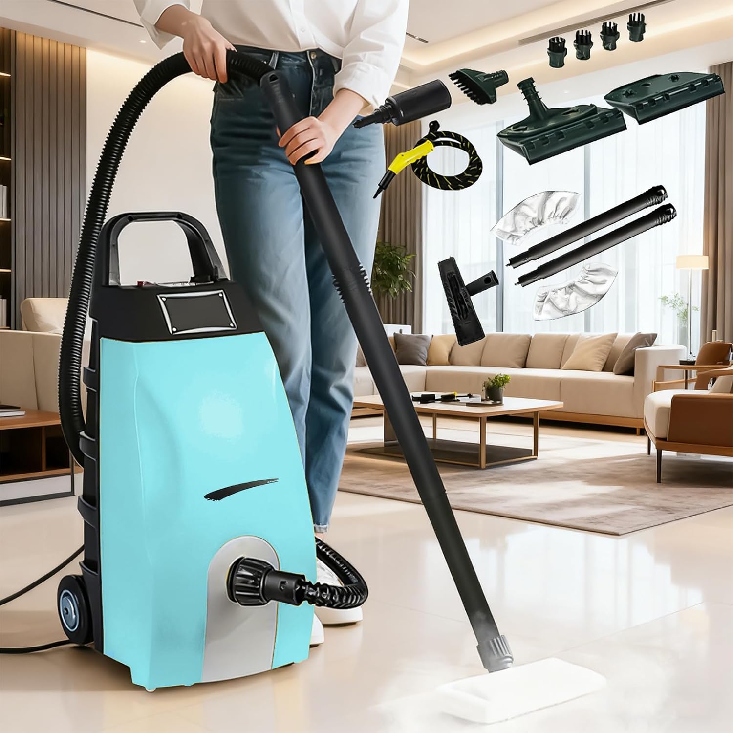 3000W High Pressure Steam Cleaner with 3.5L Water Tank, Heavy-Duty Portable Steam Washer with Multiple Accessories for Home Surfaces, Automotive Interiors and Commercial Cleaning Tasks Blue + Mop