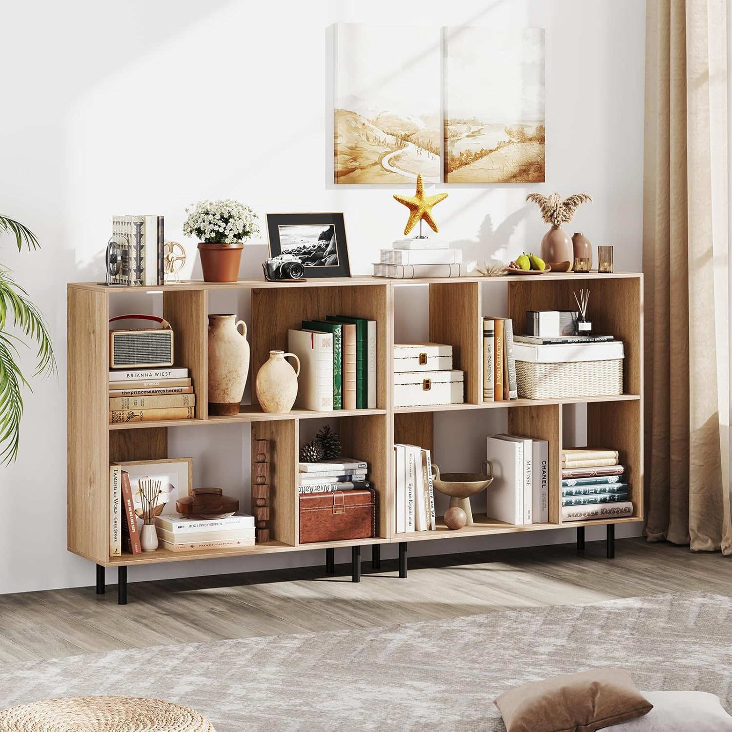 Tangkula 4 Cubby Open Bookcase, 3-Tier Freestanding Bookshelf with Detachable Metal Legs, Anti-toppling Device, Anti-Falling Baffles, Modern Cubicle Display Shelf (2,Natural)