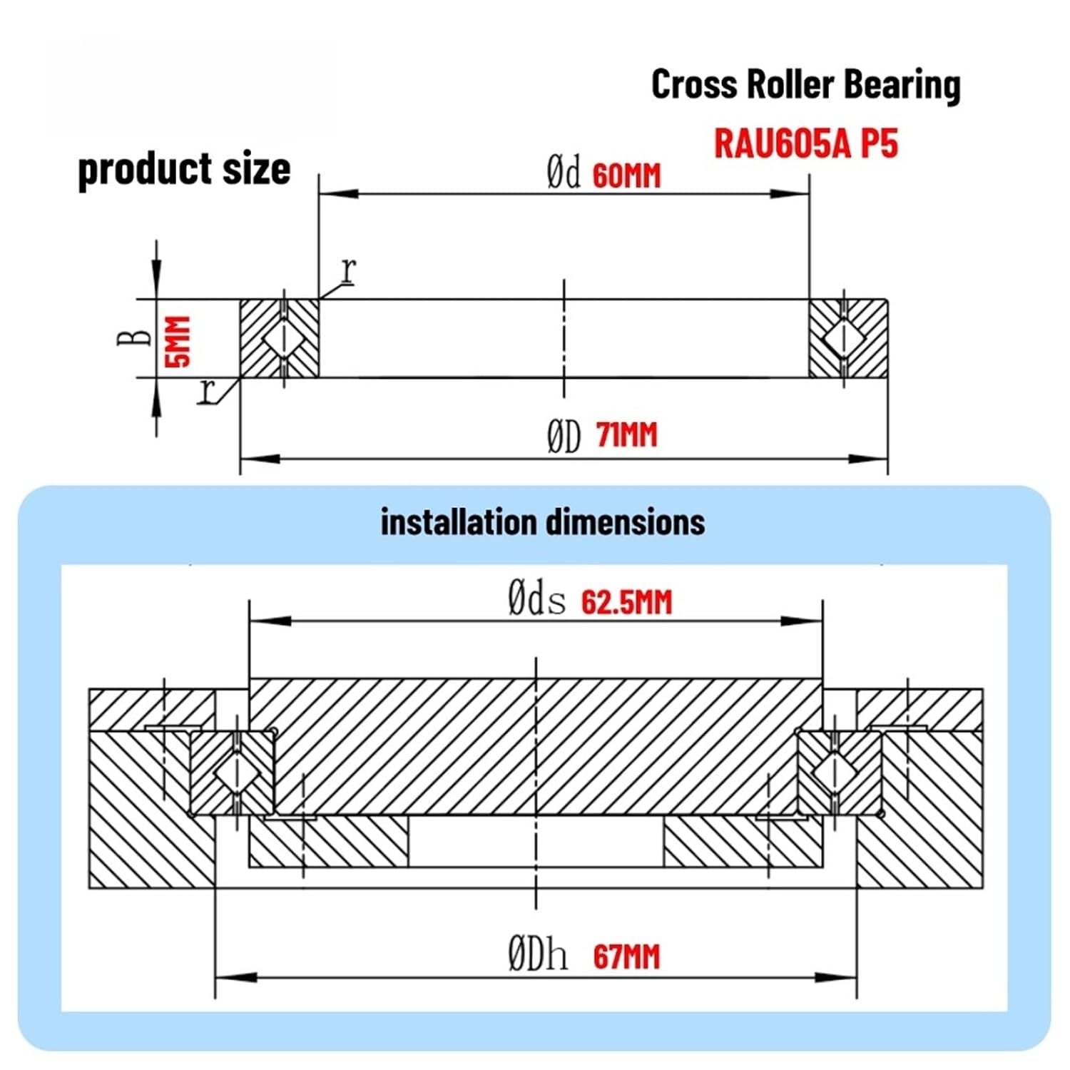 1PCS Precision Thin Cross Roller Bearing RAU605A P5 60X71X5MM Thickness 5MM Bearing Mechanical Arm Joint Reducer Bearings