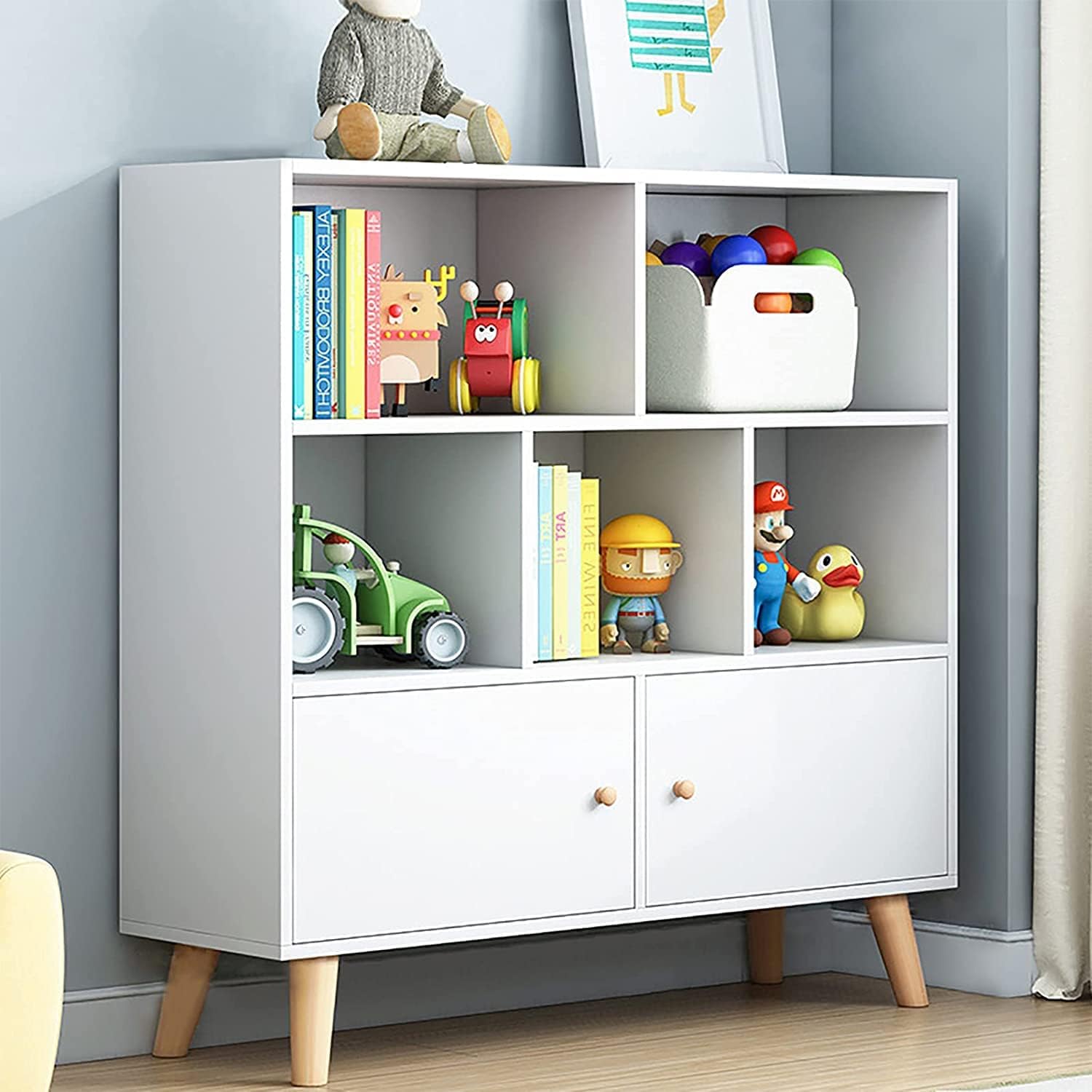 Bookshelf Storage Shelves, 3-Tier Wood Bookcase with Doors, Floor Standing Display Cabinet Rack with Legs, Cube Book Shelf Organizer for Living Room Bedroom Home Office Furniture-White 80×24×107cm
