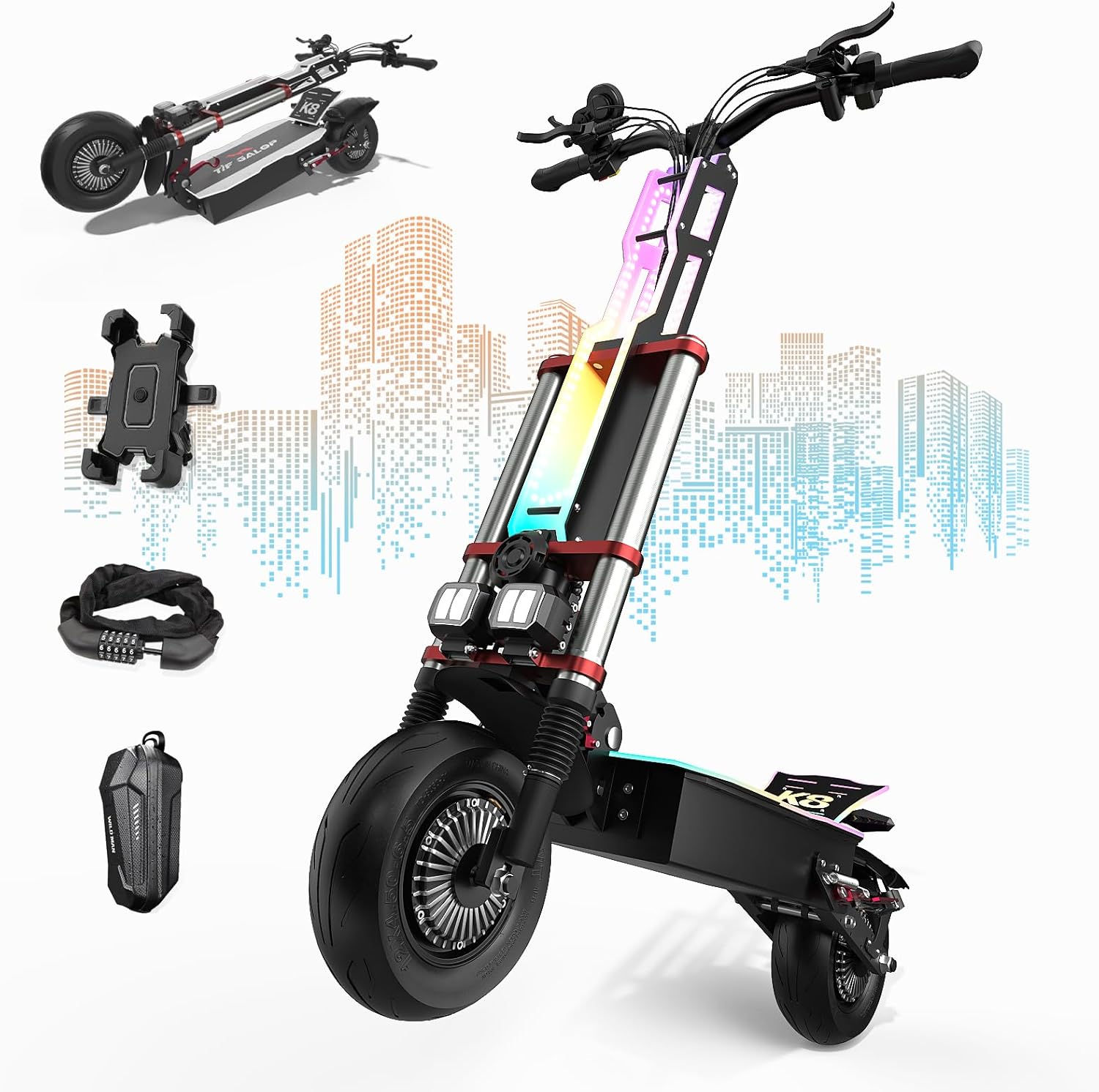 Electric Scooter Adult K8 6000w Dual Motor, Max Speed 50MPH Range 70 Miles, 12 Inch Street Tires Commuter Dual Suspension E-Scooter with Seat and RGB Light