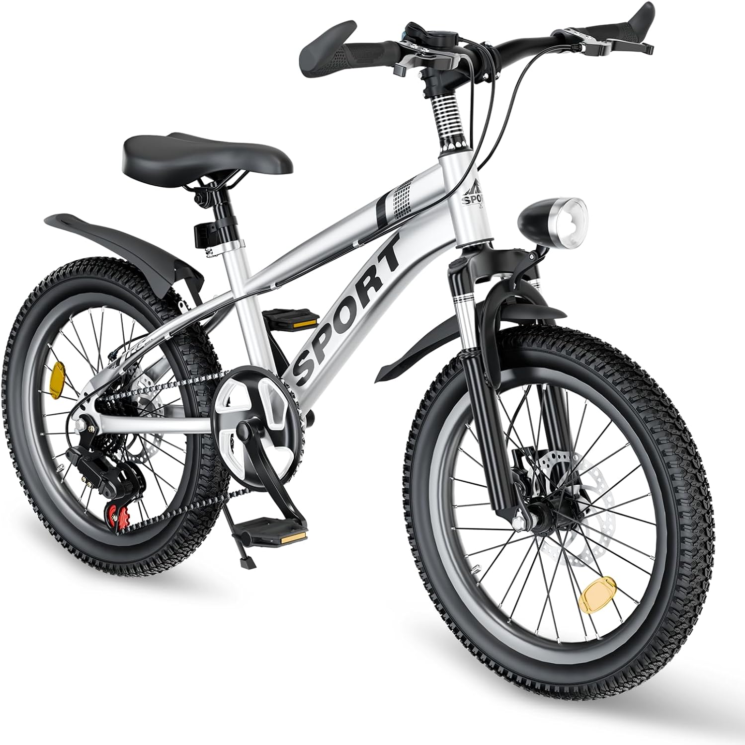 20 Inch Kids Mountain Bike for Boys & Girls Ages 7-12, 7-Speed Shift, Front and Rear Disc Brakes, Front Suspension Fork, LED Light, Multiple Colors