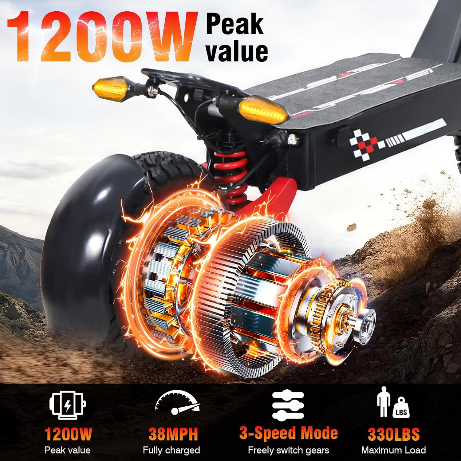 1200W Off-Road Folding Electric Scooter with 48V 13AH Lithium Battery, 30-38 MPH Max Speed, All-Terrain Tires for Adults, Portable Design for Commuting and Adventure