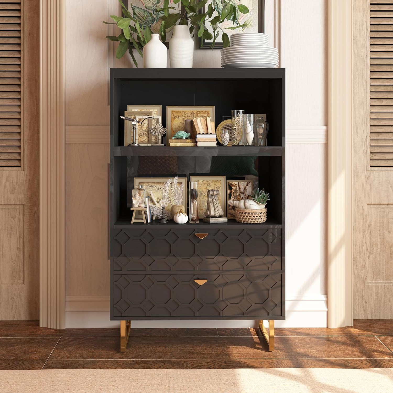 Clihome 2 Tier Shelf Bookcase with 2 Drawers, Modern Bookcase with Legs, Dresser with Bookshelf Freestanding Tall Bookcase for Home Office, Living Room, Black