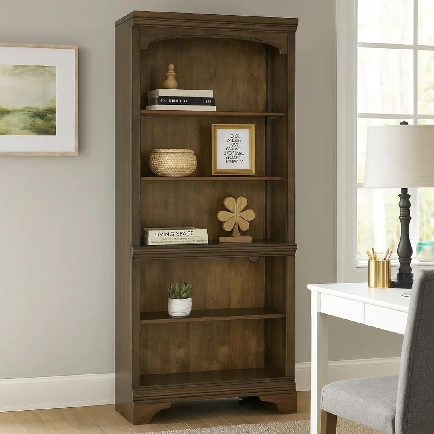 Benjara BM280385 78 in. Tia 5 Tier Rubberwood Bookcase with 3 Adjustable Shelves Oak Brown