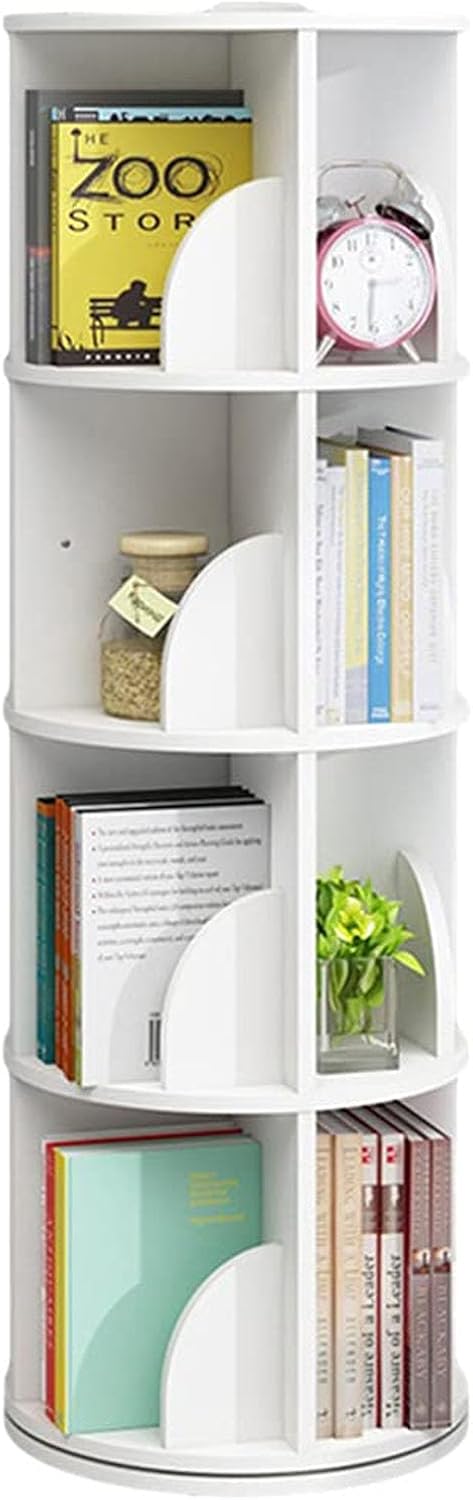 Rotating Bookshelf White Wood Corner Bookshelf, 360 Display Spinning Bookcase Storage Rack Floor Standing Revolving Bookcase for Bedroom, Living Room