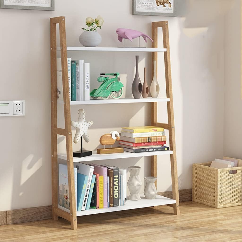 Ladder Bookshelf, 4-Tier Bamboo Ladder Shelf Bookcase Floor Freestanding Bathroom Storage Rack Plant Stand for Home Office, Bedroom, Living Room, Easy to Assemble, Natural ( Color : Original Wood Colo