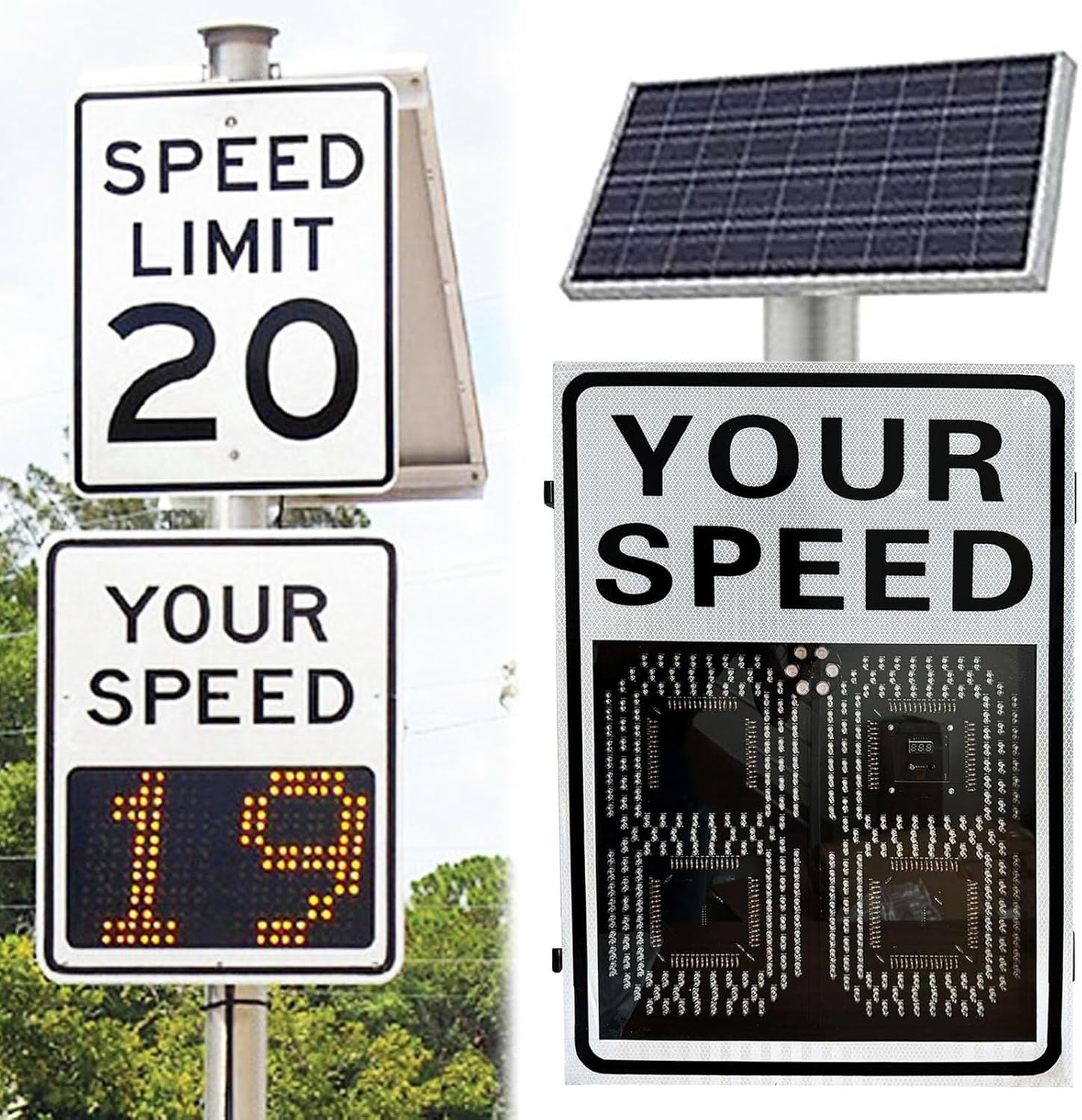 Solar Powered Radar Feedback Sign Private Road Street Speed Display Warning, Limit, Adjustable Range 2-99 mph(White,60 * 90cm)