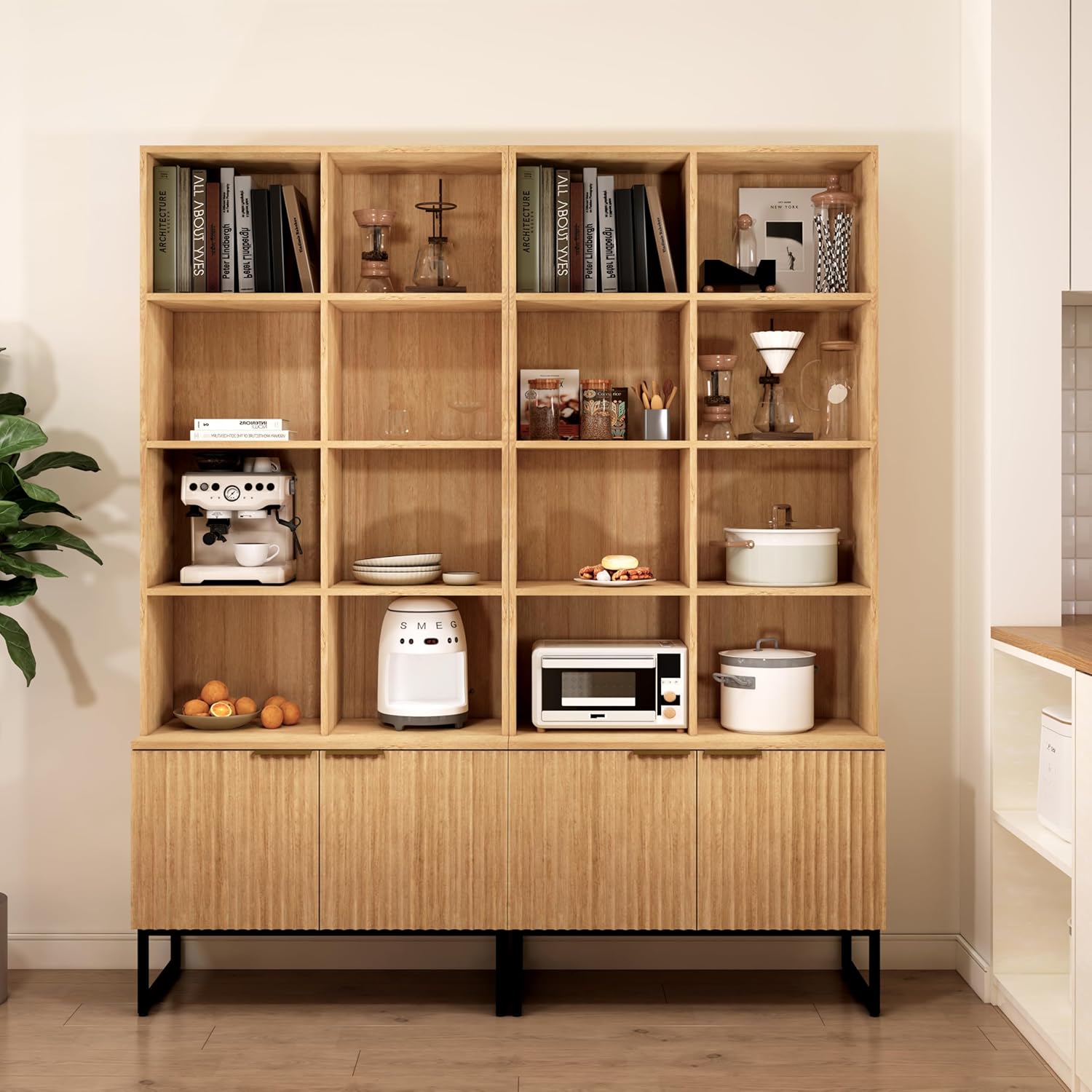 NewBeth Bookcase with Cabinet,8 Cube Book Case with Adjustable Shelves,Fluted Bookshelf for Home Office,Living Room,Library,Oak(2, 8-Cube)