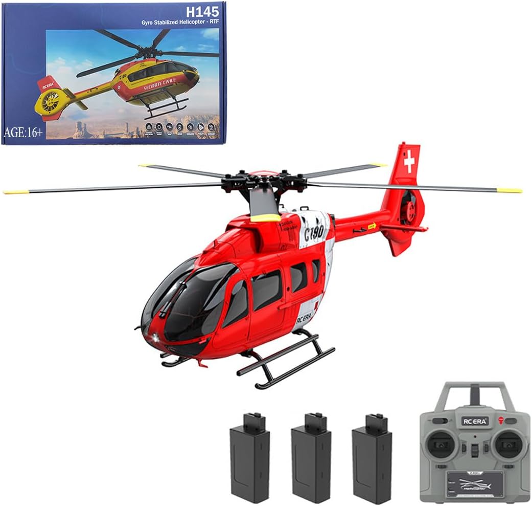 H145 C190 Remote Control Helicopter for Adults Beginners, 1:30 6CH 2.4G RTF RC Heli Single Rotor No Ailerons Maintain Altitude Hover/Optical Flow Positioning Six-axis Gyroscope (Red (3 Batteries))
