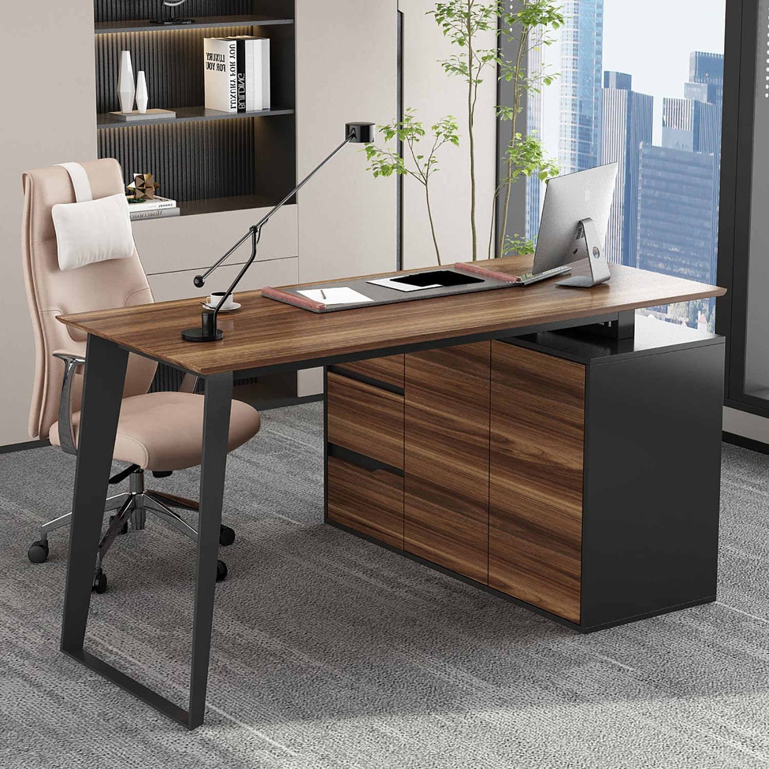 Hitow Reversible Office Desk with 3 Drawers Cabinet, Executive Computer Desk Writing Table with Pop Out Doors & Adjustable Shelves, Metal Legs Workstation for Home Office, Black & Brown