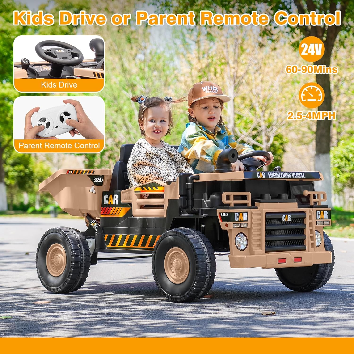 24V 2-Seater Kids Ride-on Dump Truck, Electric Car for Kids with Remote Control, Electric Dump Bed, Shovel, Key Start, Safety Belt, Gift for Boys Girls (Khaki, 24V)