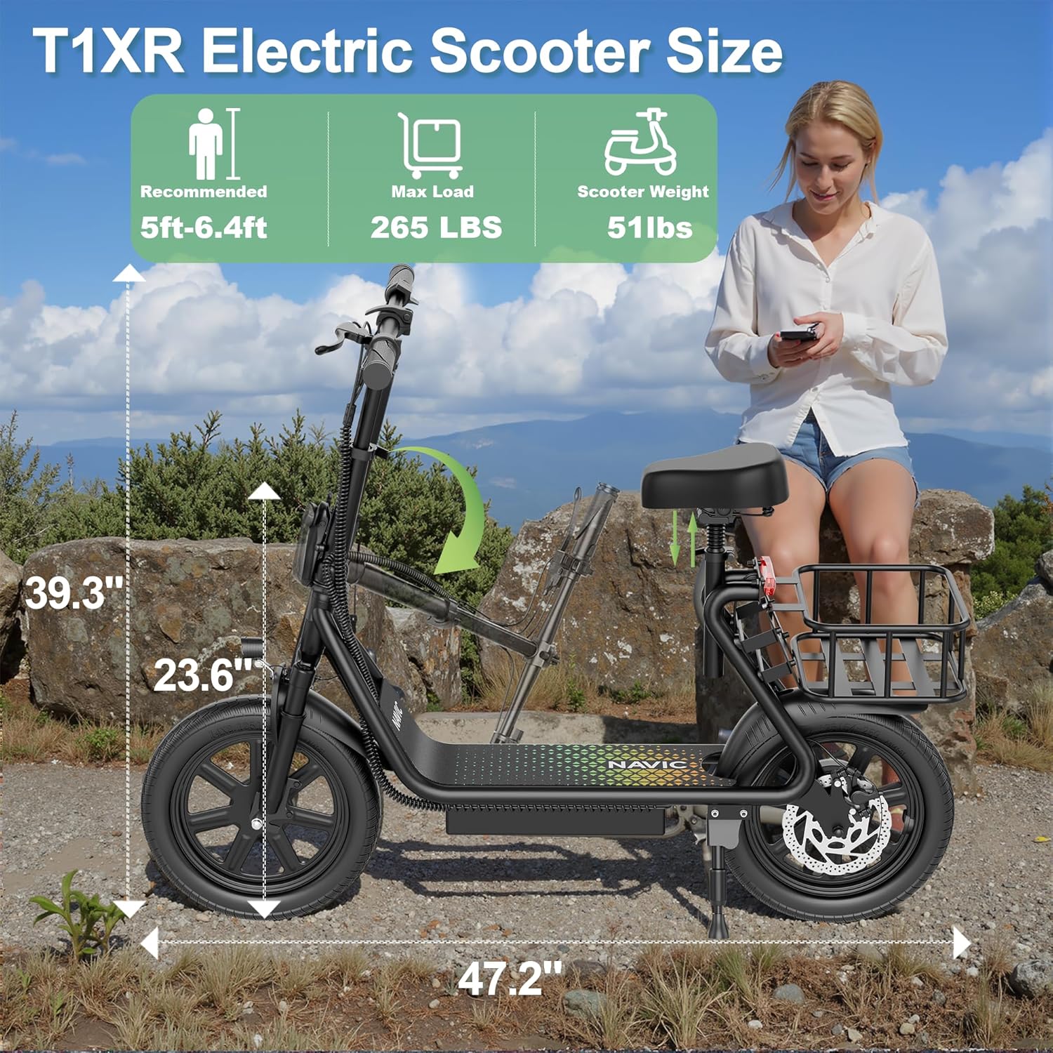 NAVIC Electric Scooter Adults,Max 19/27/49 Miles Ranges,Top Speed 19/22 mph,350/500W Peak Motor, Folding E-Scooter with Dual Braking Dual Suspension