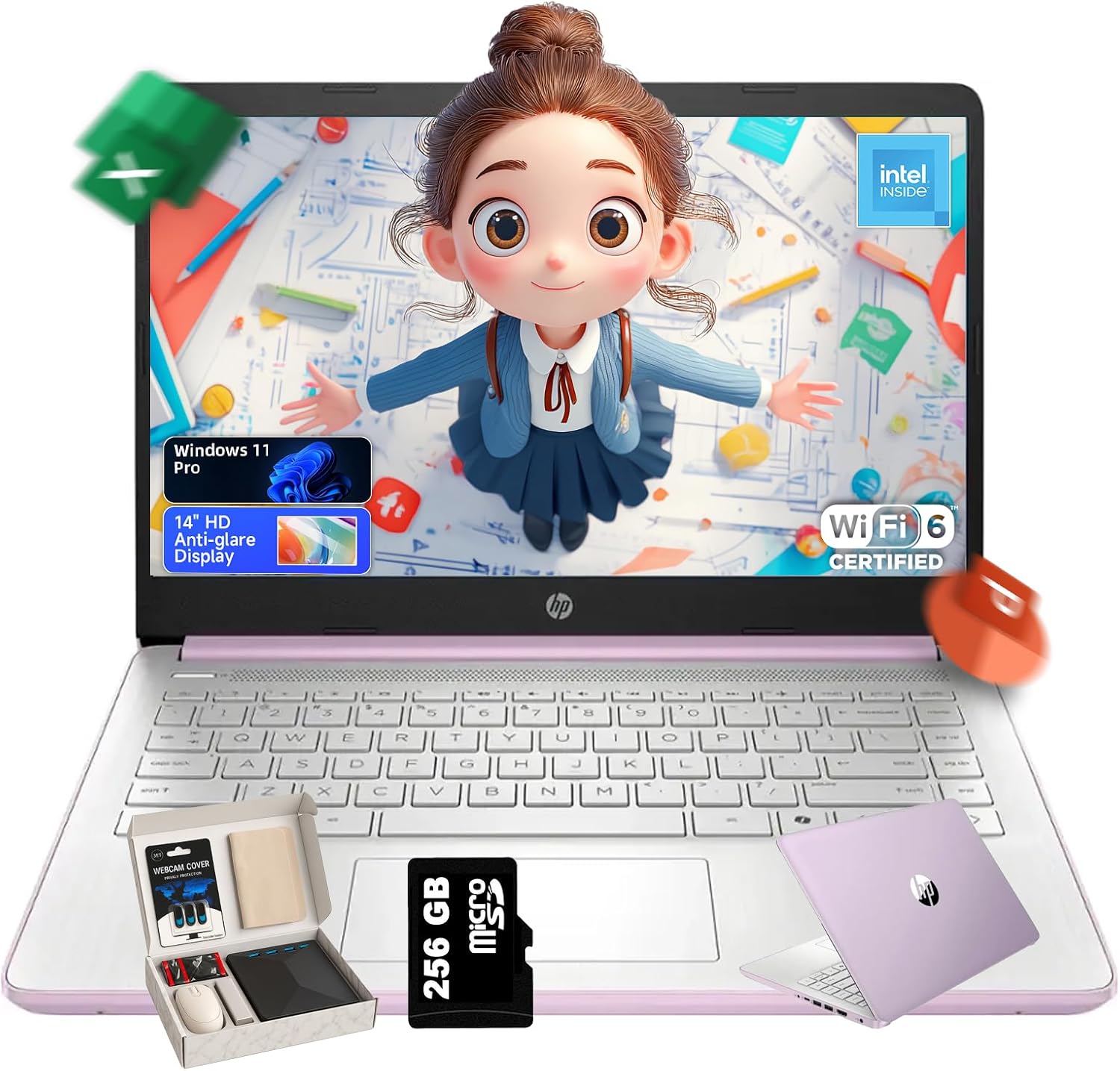 HP 14 inch Laptop for Students & Business • 1-Year Office 365 • 250nits Anti-Glare Display • Intel 4-Core CPU • Copilot • Win 11 Pro • Accessories • Wi-Fi 6 • 16GB RAM • 128GB UFS • 256GB SD Card