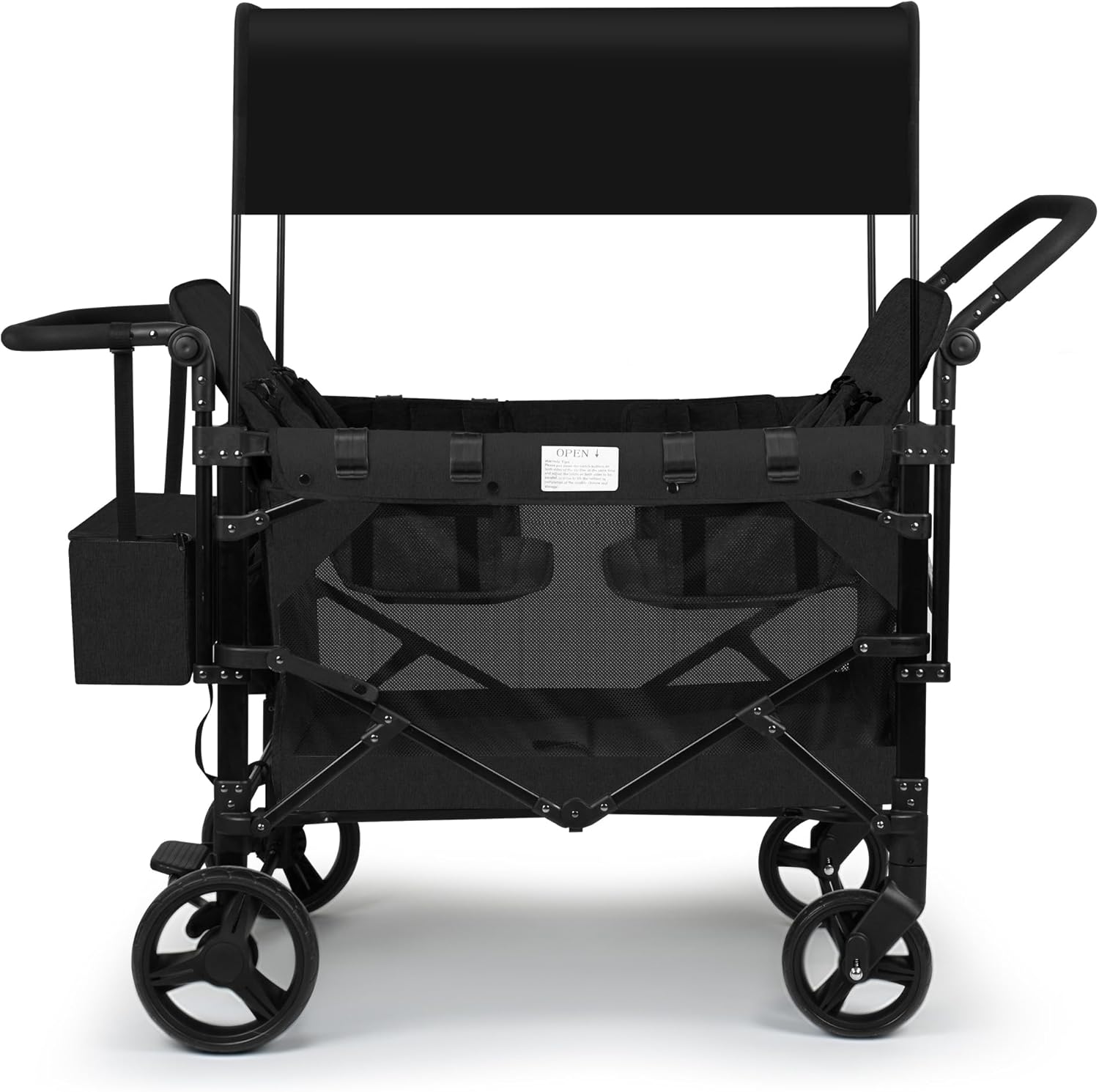 VOOI Stroller Wagon 4 Seater, Wagon for Kids, Collapsible W4 Stroller with Seats with 5-Point Harnesses, Easy Access Zipper Door, and Removable Sun Canopy (Black, W4-Large)