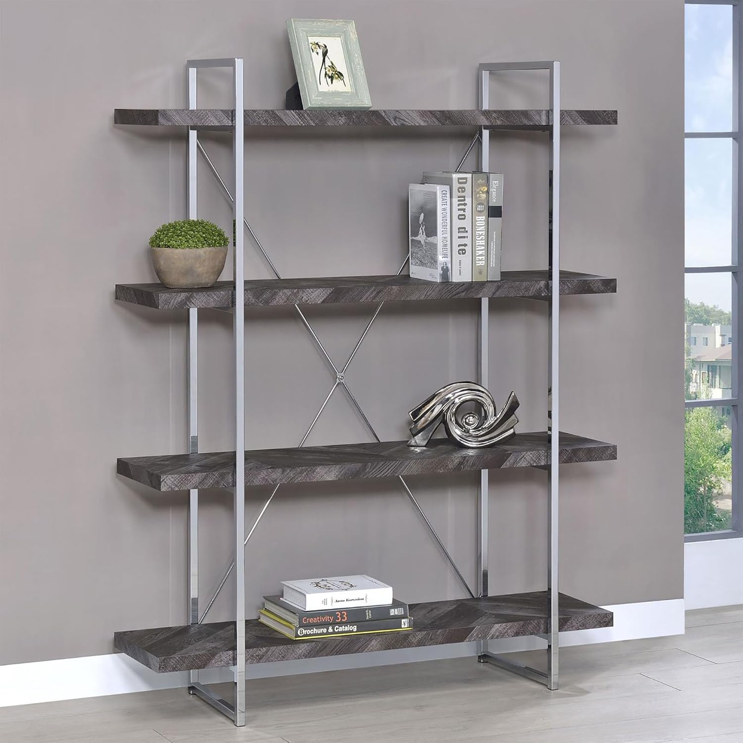 Jenvor Bookcase Rustic Grey Herringbone with 4 Full-Length Shelves, Industrial Metal Frame with Chrome Finish, Sturdy Wood Shelves for Living Room Study Or Office, 62.5 Inch High