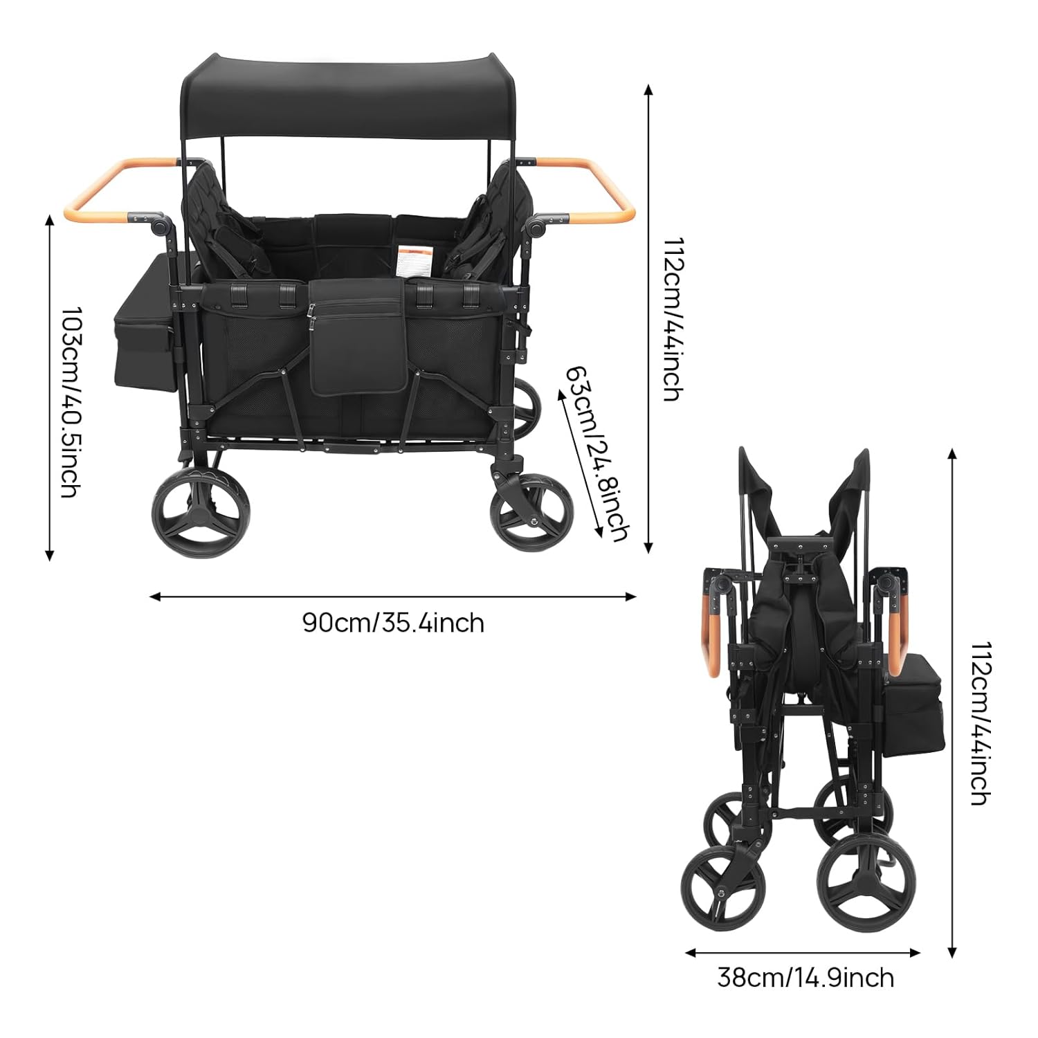 Wagon Stroller for 4 Kids, Foldable All-Terrain Kids Wagon with Canopy,Adjustable Handle,Removable Canopy,Five-Point Safety Harness,Storage Bag