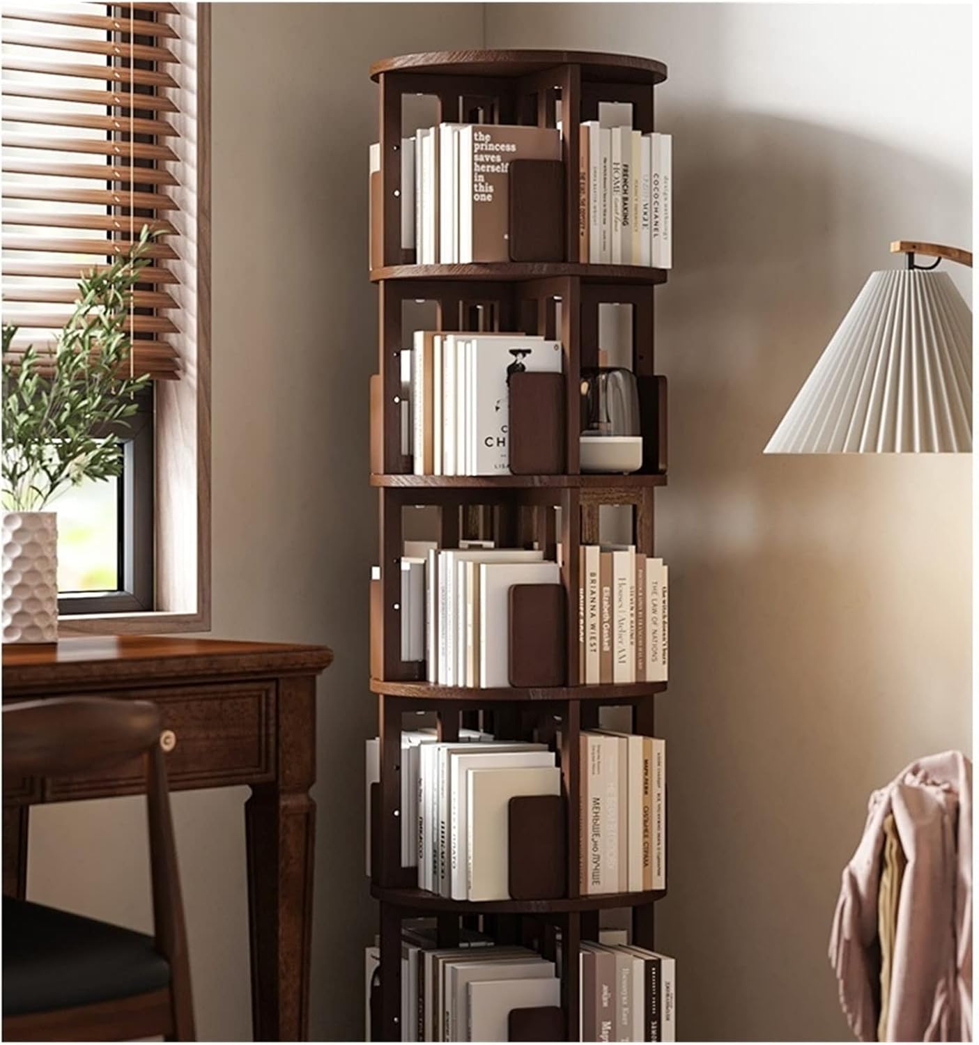 Solid Wood Rotating Bookshelf, 360-degrees Simple Storage Picture Book Shelf, Floor Household Simple Bookcase MINGPING (Size : 45.5x45.5x161.5cm Walnut Color)