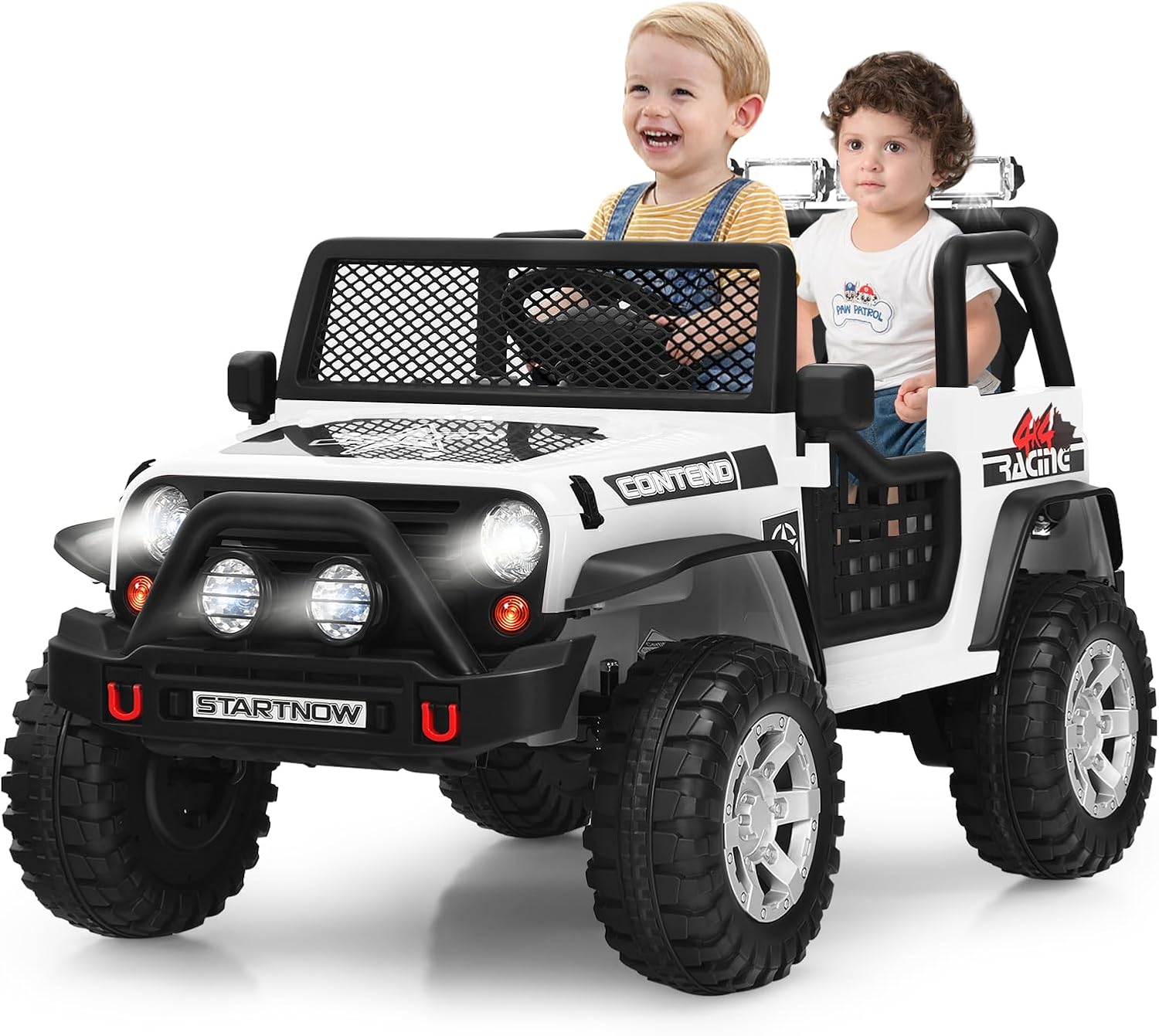 Costzon 2-Seater Ride on Truck, 12V Battery Powered Electric Vehicle w/Remote Control, 2 Speeds, Spring Suspension, LED Light, Horn, Music/ MP3, 2 Doors Open, Ride on Car for Kids (White)