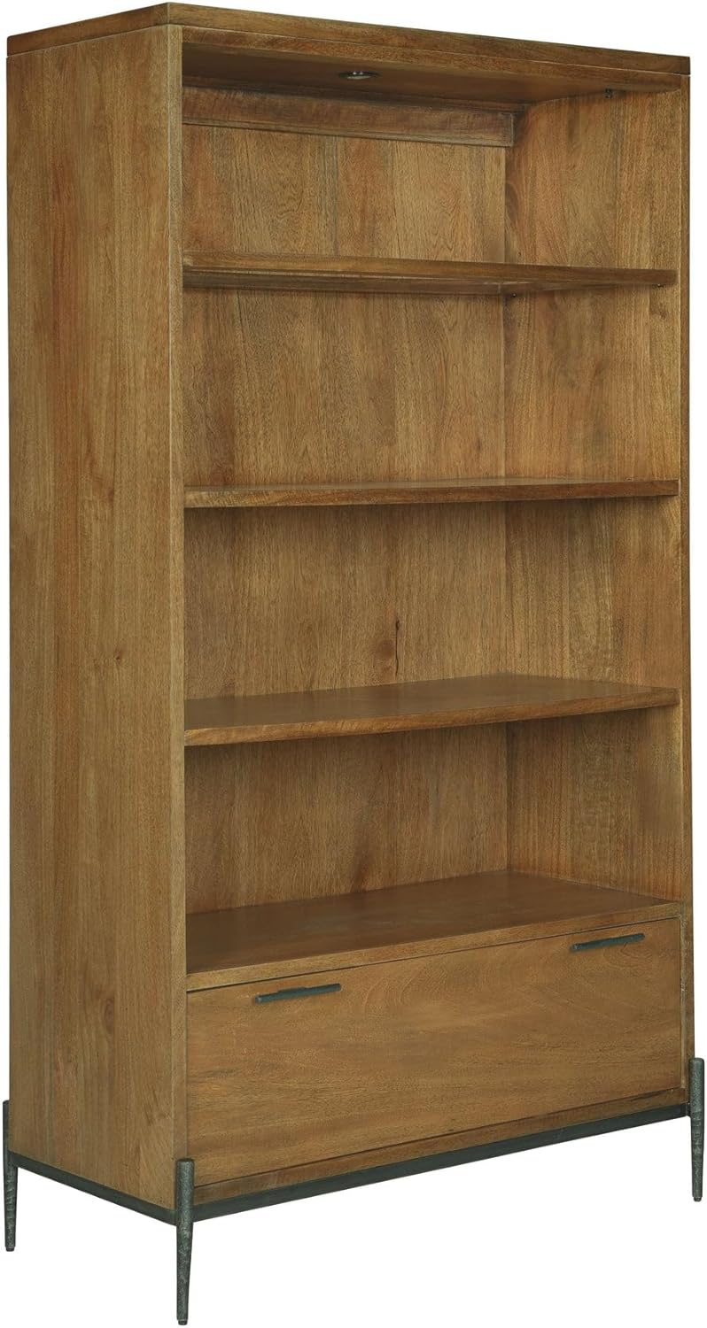 Hekman Furniture Bedford Park Center Bookcase - Adjustable Glass Shelf, File Drawer, Wood Construction, Illuminated Display, Charcoal Iron Hardware Modern Storage for Home Office & Living Room