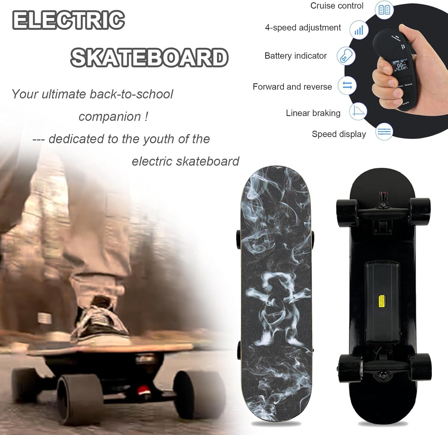 Electric Skateboard – Single/Dual Hub Motor, 15.5 MPH Top Speed, 9.3 Mile Range, 110wh Fast Charge Battery, 4 Speed Modes, Remote Control, Auto Start, for Adults & Teens D-Dual-Motor