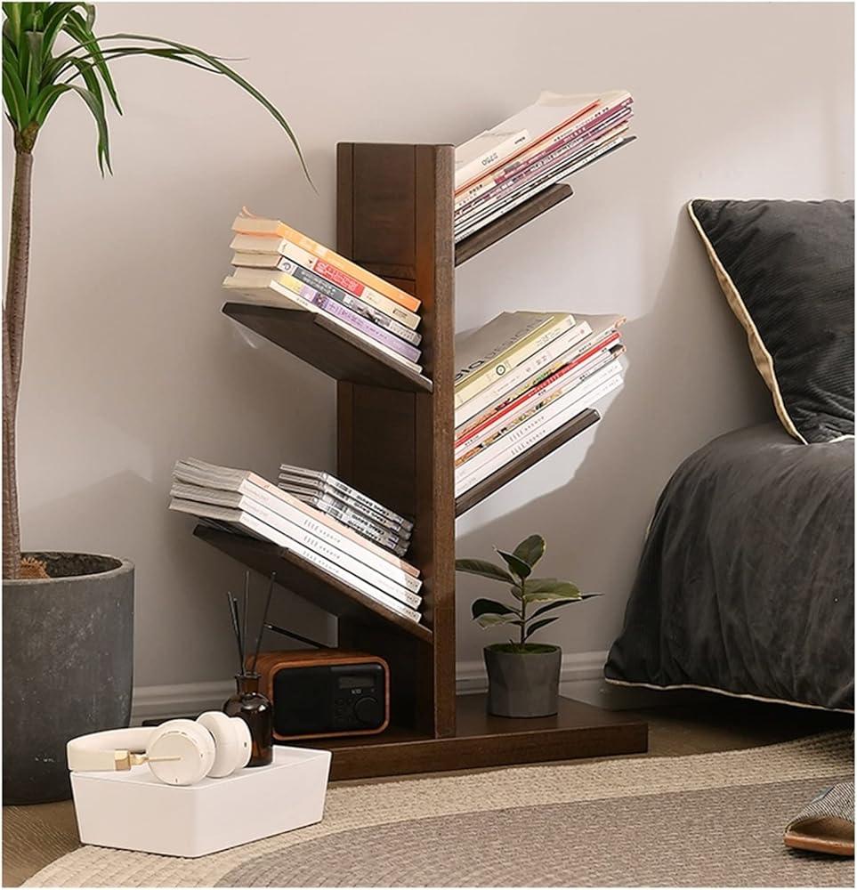 KIRANDY Solid Wood Bookshelf Floor-to-Ceiling Tree-Shaped Shelf, Against The Wall Bookcase for Office Living Room (Color : 48.5x26.5x79cm Walnut Color)