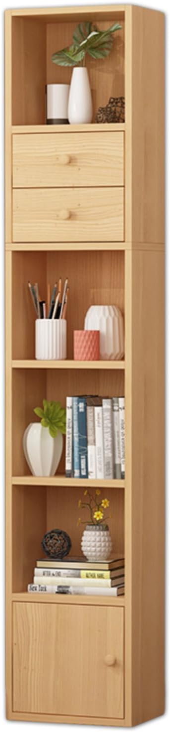 Narrow Vertical Bookshelf, Wooden Bookcase with Doors and Drawers, 6-Tier Large Storage Organizer for Library Bedroom Living Room Kitchen (Nature)