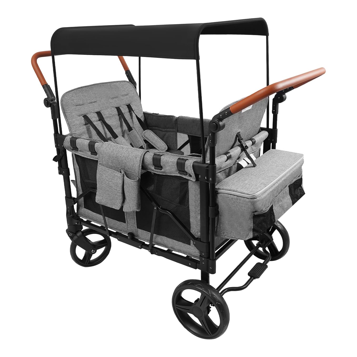 Wagon Stroller for 4 Kids, Push Pull Quad Collapsible Stroller with Adjustable Double Pusher, Parent Organizer, 5-Point Safety Harness & Disassemble Seat, 4-Seater Stroller Wagon for Camping