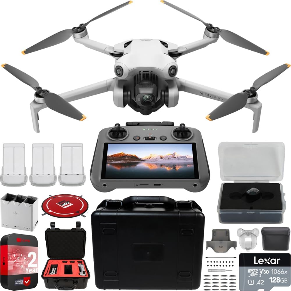 DJI Mini 4 Pro Folding Drone with RC 2 Remote (With Screen) Fly More Combo Plus, 4K HDR Video Camera, Under 249g, 3 Plus Batteries Bundle w/Deco Gear Custom Hard Case + Wide Angle Lens & Accessories