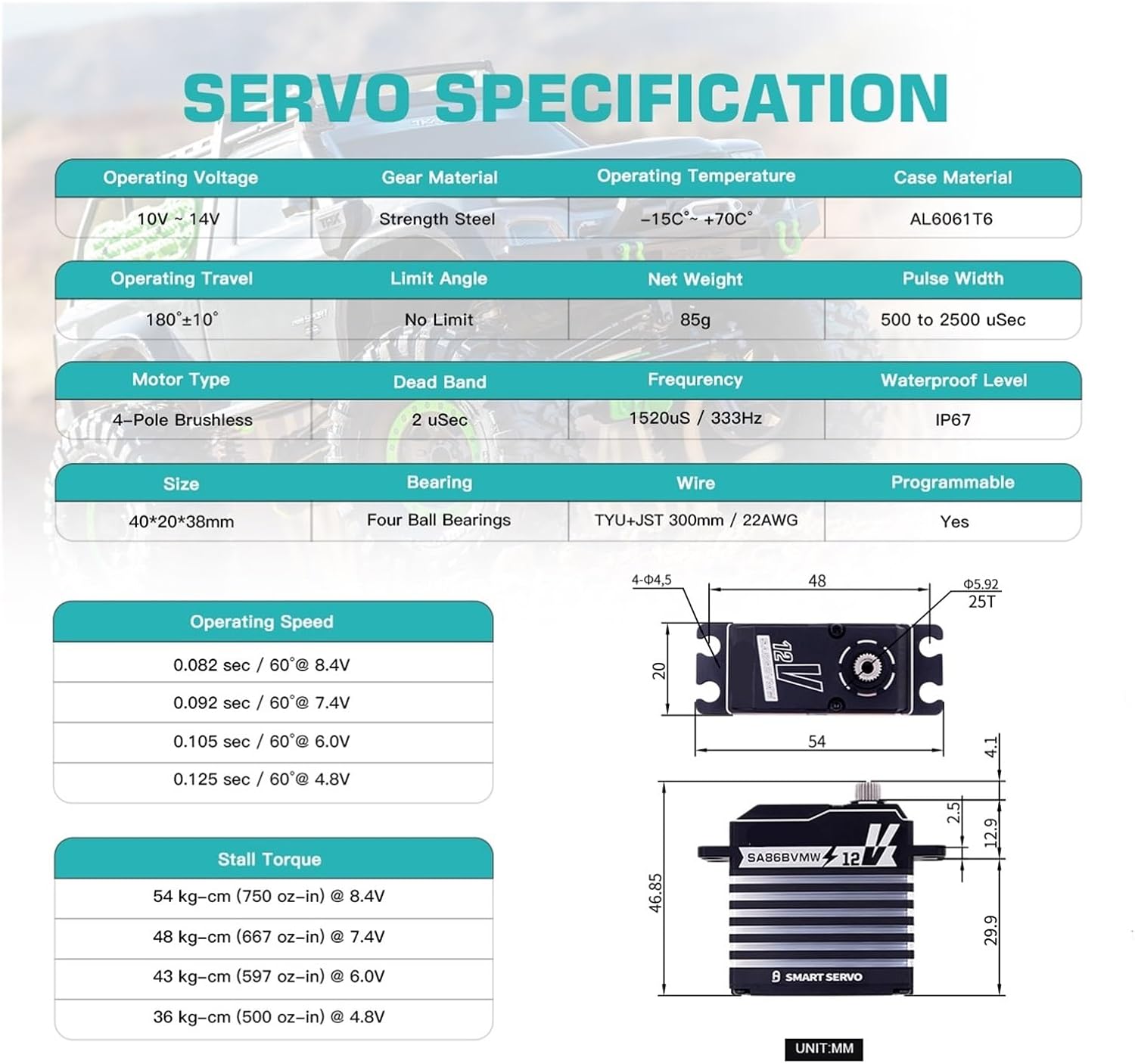 SA86BV 12V 3S 60KG High Torque Programmable Steel Gear Smart Motor Servo Suitable for 1/8 1/10(Standard Mode Set 2)
