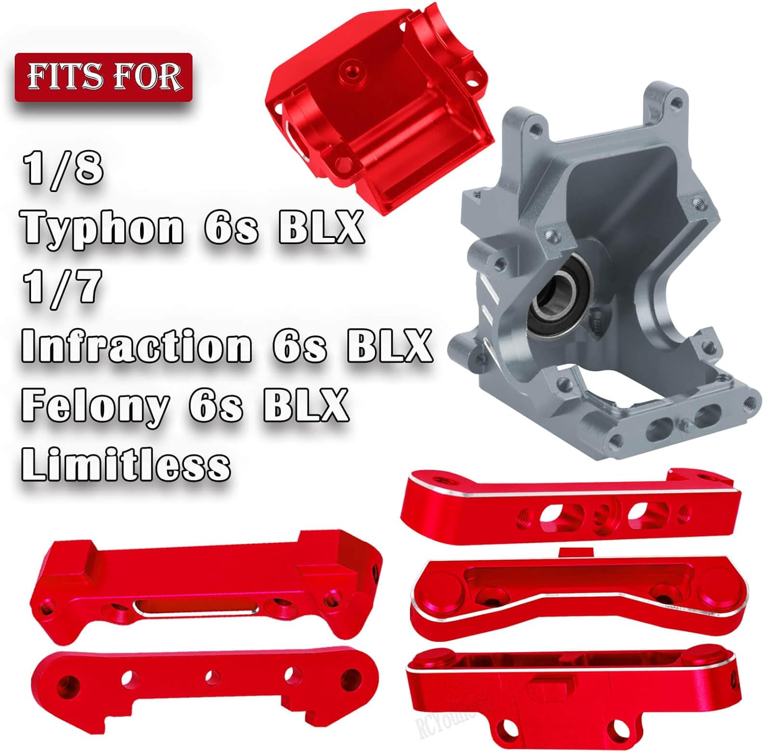 RC Suspension A Arms&Steering Blocks Axle Carriers&Gearbox Case w/43T/13T Diff Gear Mount&Camber Links Upgrades Part for 1/8 Typhon 6s BLX,1/7 Felony Infraction 6S BLX Limitless,Red