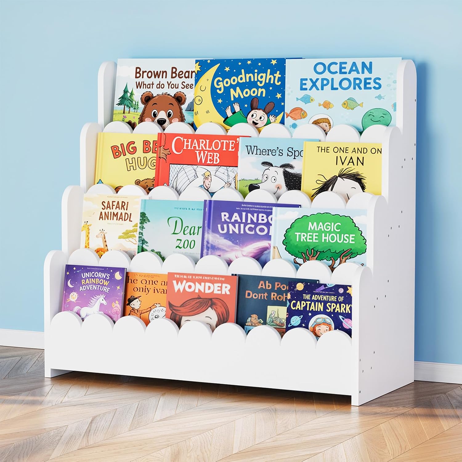 SpaceAid 4-Tier Scalloped Bookshelf, Montessori Bookcase for Toddlers, Wooden Book Shelf Organizer Display Furniture for Kids Rooms, Playroom, Nursery and Classroom, 29.6“ Wide, White