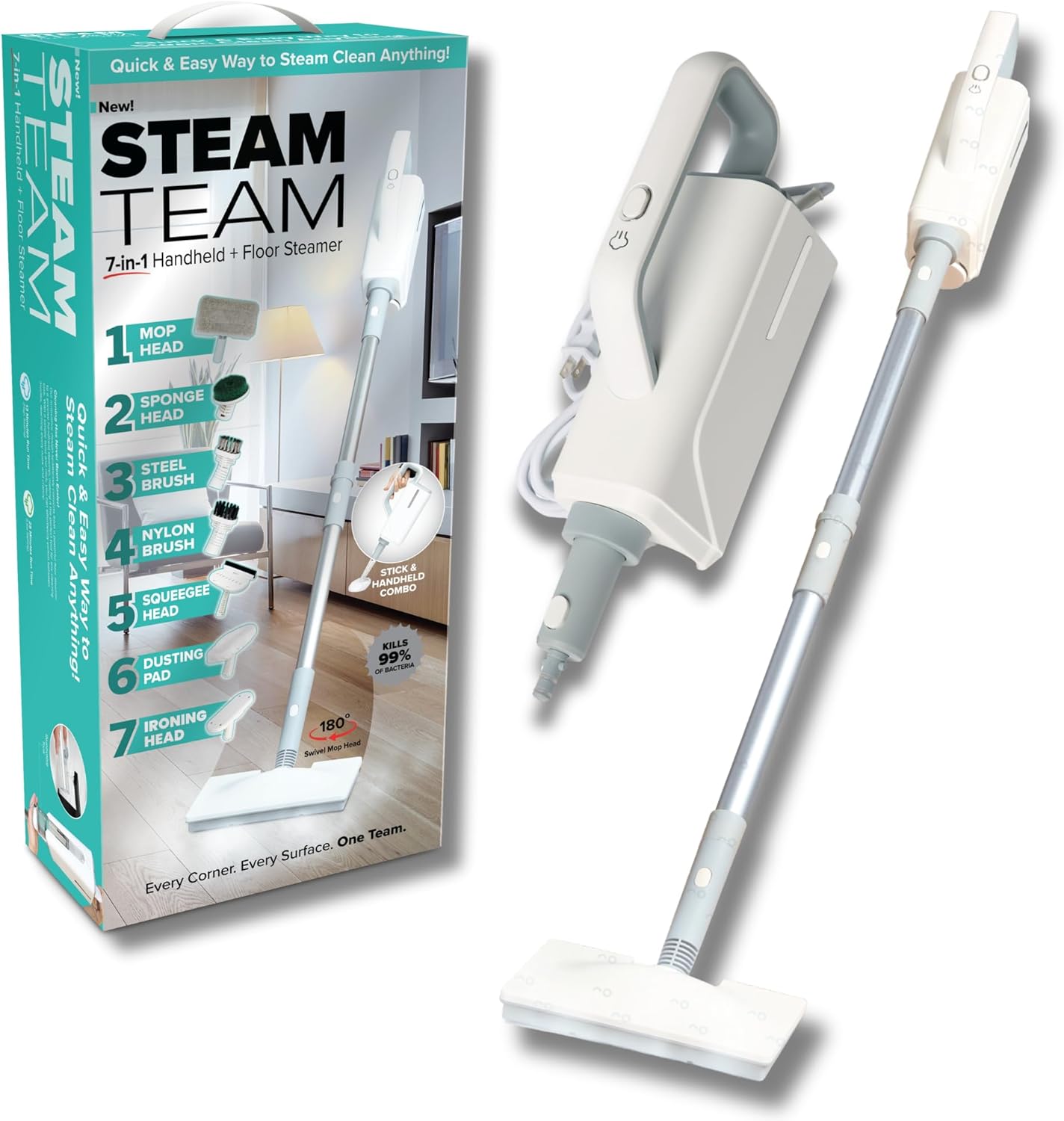 STEAM TEAM 7-in-1 Handheld + Floor Steamer | Multi-Purpose Mop & Steam Cleaner Combo | Kills 99% of Bacteria | Includes Swivel Head & Accessory Kit for Floors, Garments, & More