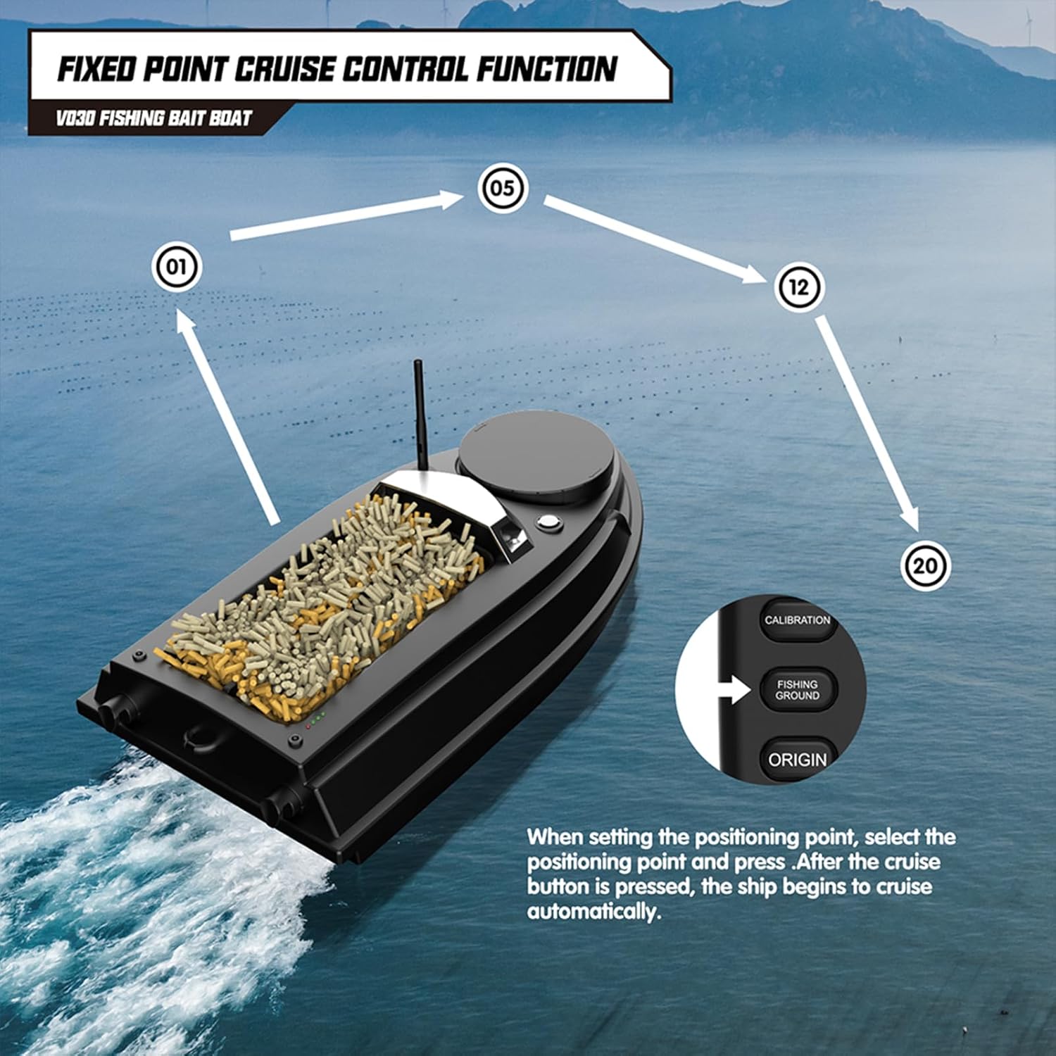 GoolRC V030 Remote Control Bait Boat, 2.4Ghz GPS Fishing Boats with Auto Return, LCD Screen, 6.6lbs Load Capacity, LED Lights, 2624ft Long Range Control RC Bait Boat for Adults