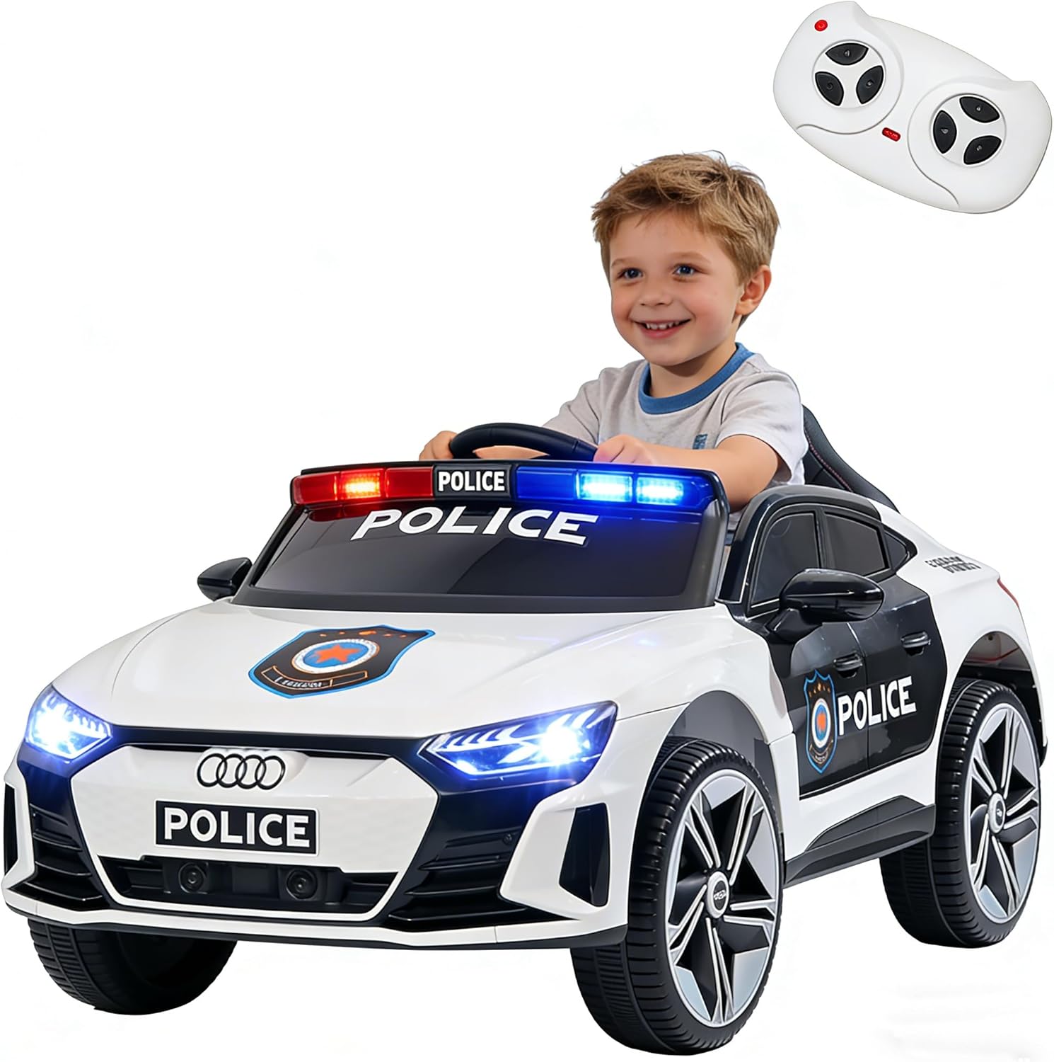 Audi Officially Licensed 12V Kids Police Ride On Car with Remote Control, Flashing Lights, Siren & Megaphone, Rocking Mode, Leather Seat, 3 Speeds, Battery Powered Electric Vehicle for Boys & Girls