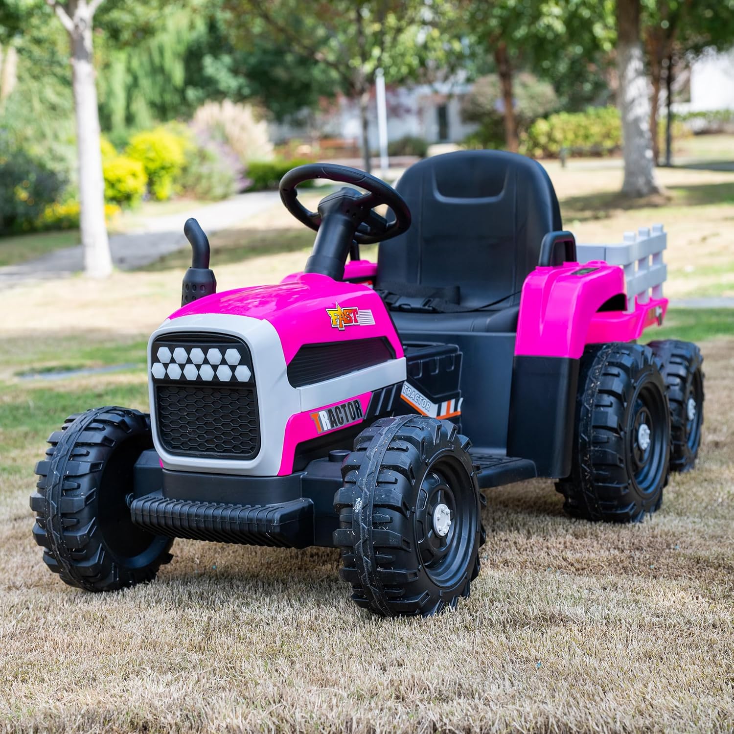 24V Electric Tractor Ride On Toy for Girls, 6-Wheel Farm Vehicle with Trailer, 2x200W Motors, Remote Control, Music, LED Lights, 3-Speed, Hot Pink