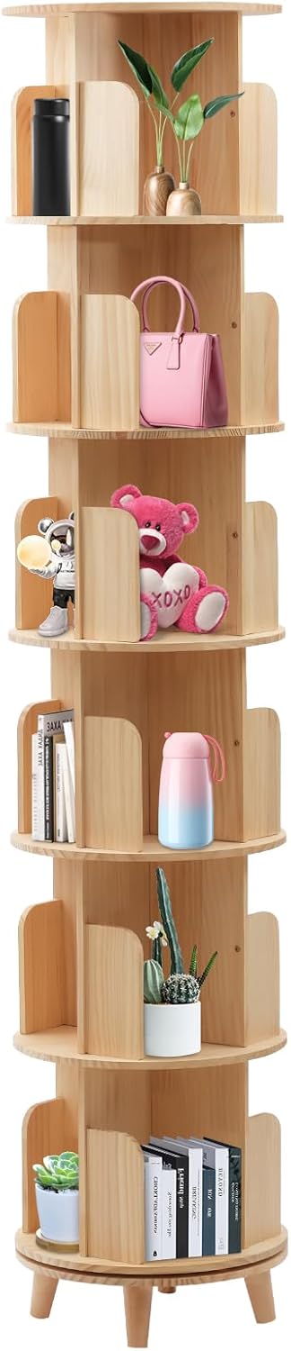 GXFCHYL Rotating Bookshelf, 6-Tier Revolving Bookcase with Support Legs for Kids & Adults Wood Corner Shelf Suitable for Bedrooms, Living Rooms, Game Rooms (6 Tiers)