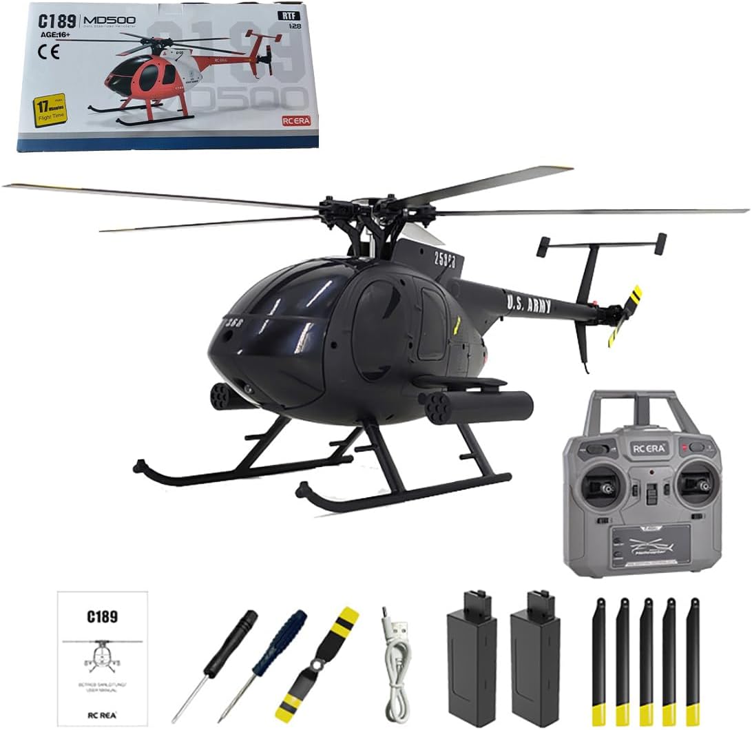 Remote Control Helicopter for Adults, MD500 C189 Little Bird Military Aircraft 1/28 2.4G 4CH Single-Rotor Brushless Motors Helicopter with 6-axis Gyro RC Flying Airplane - RTF Version/2 battery