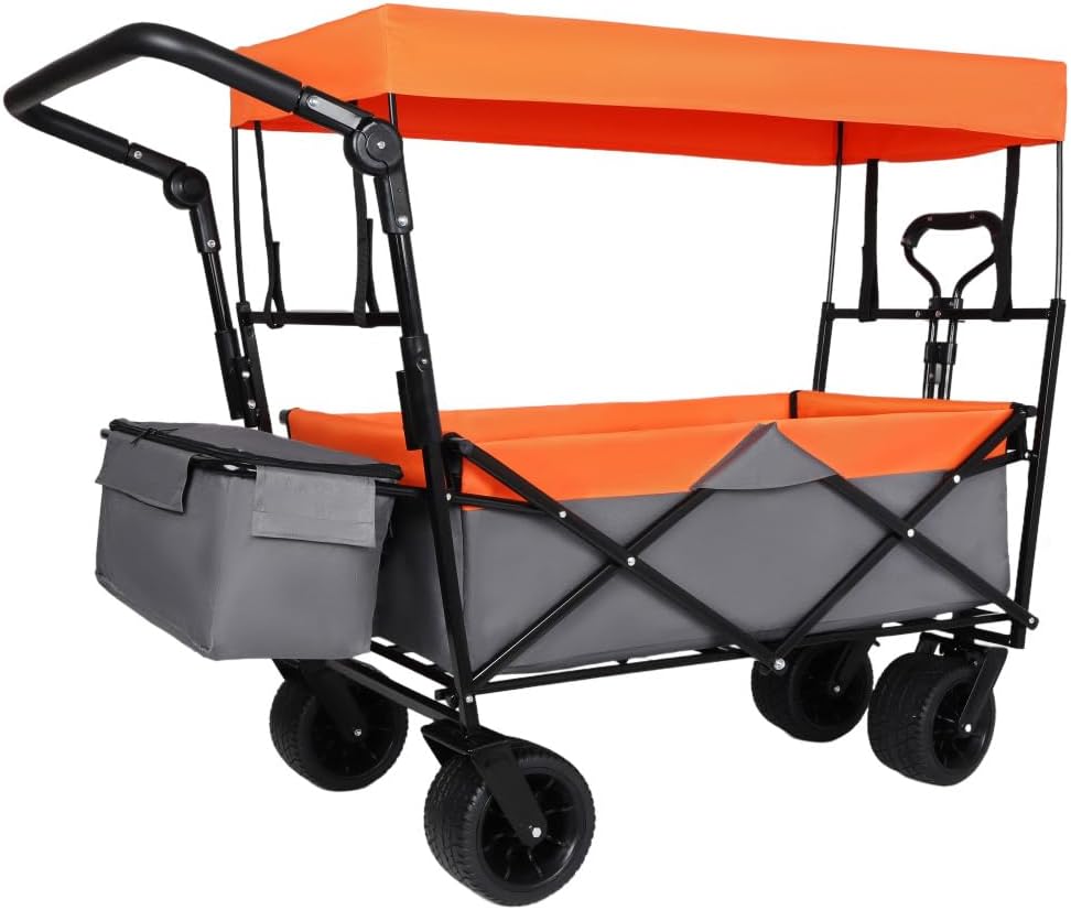 Heavy-Duty Foldable Wagon with All-Terrain Wheels, Push-Pull Handle, Removable Canopy, Large Capacity for Camping, Garden, Shopping & Outdoor Use (Orange + Steel)