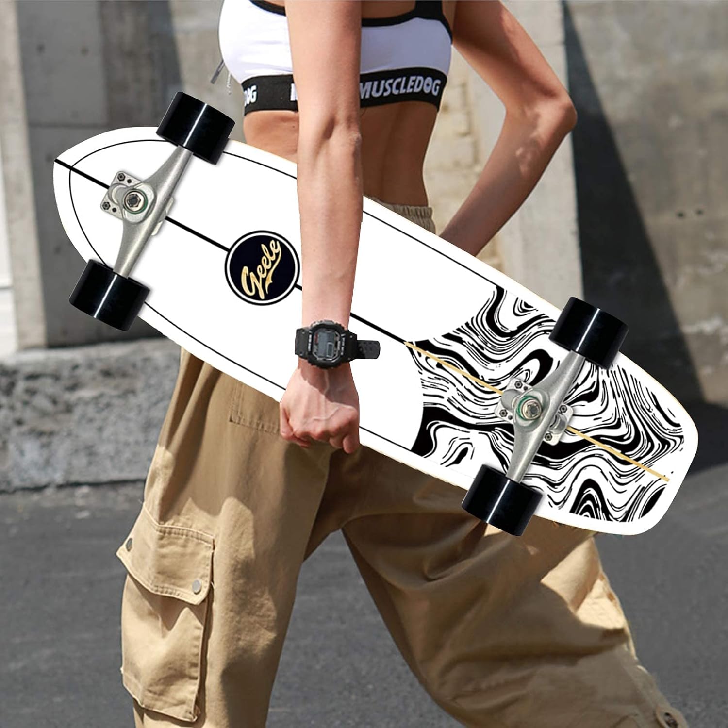 Skateboard Carving Cruiser Complete Board 78×24cm ABEC-11 Bearings 7 Layer Maple Non-Slip Surface Adjustable for Teens Adults Beginners Girls Boys Kids (A)