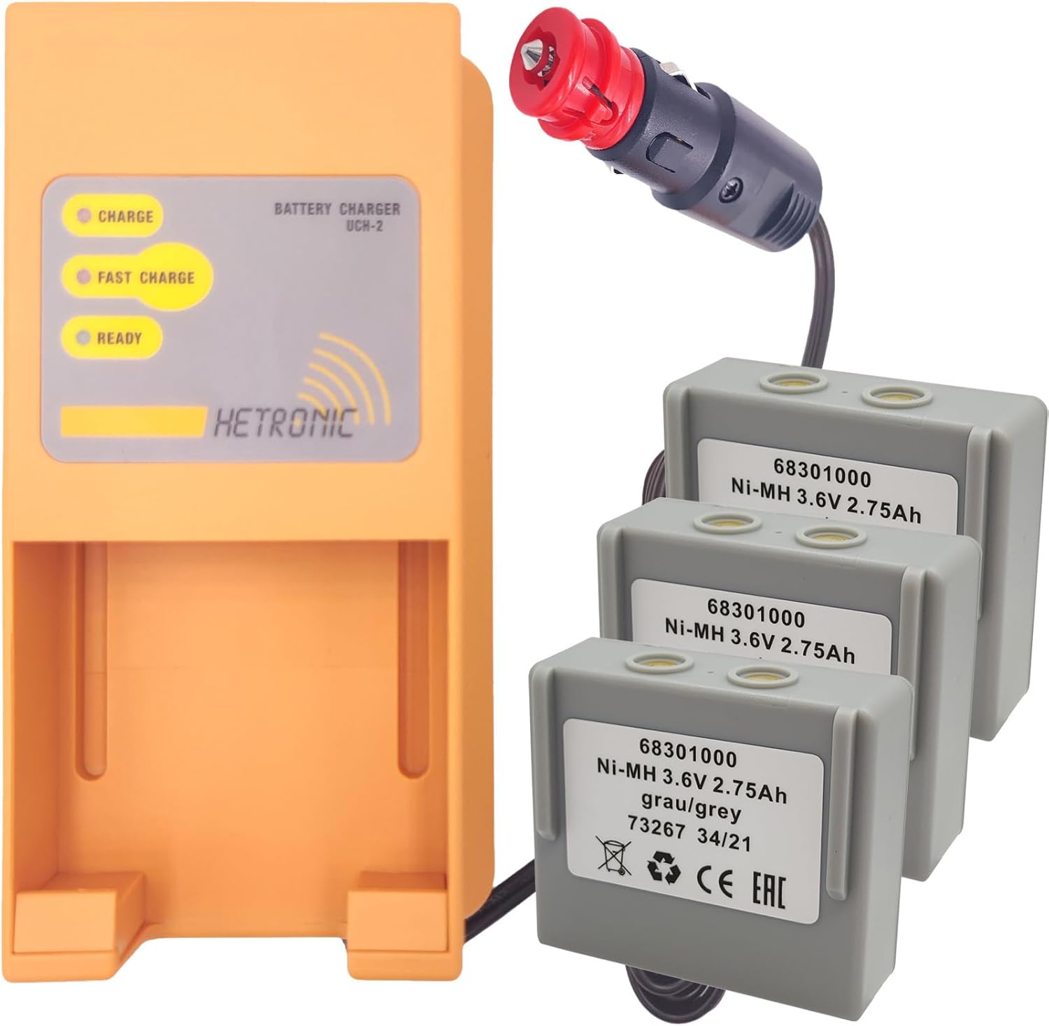 (1 Pack) Hetronic UCH-2 Input 10-30V DC Out 300/780mA Battery Charger with (3 Pack) 3.6V Hetronic 68301000 Battery for Hetronic 68301000 68300900 68300600 68300940 KH68300990 3.6v Batteries