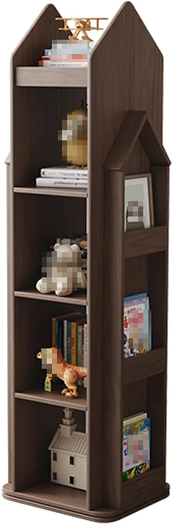 SYALEO 5 Tier Rotating House Shaped Bookshelf Solid Wood Revolving Bookcase Rubber Wood 360° Display Floor Standing Book Storage Rack Organizer for Kids Room, 164x46x40cm, Walnut