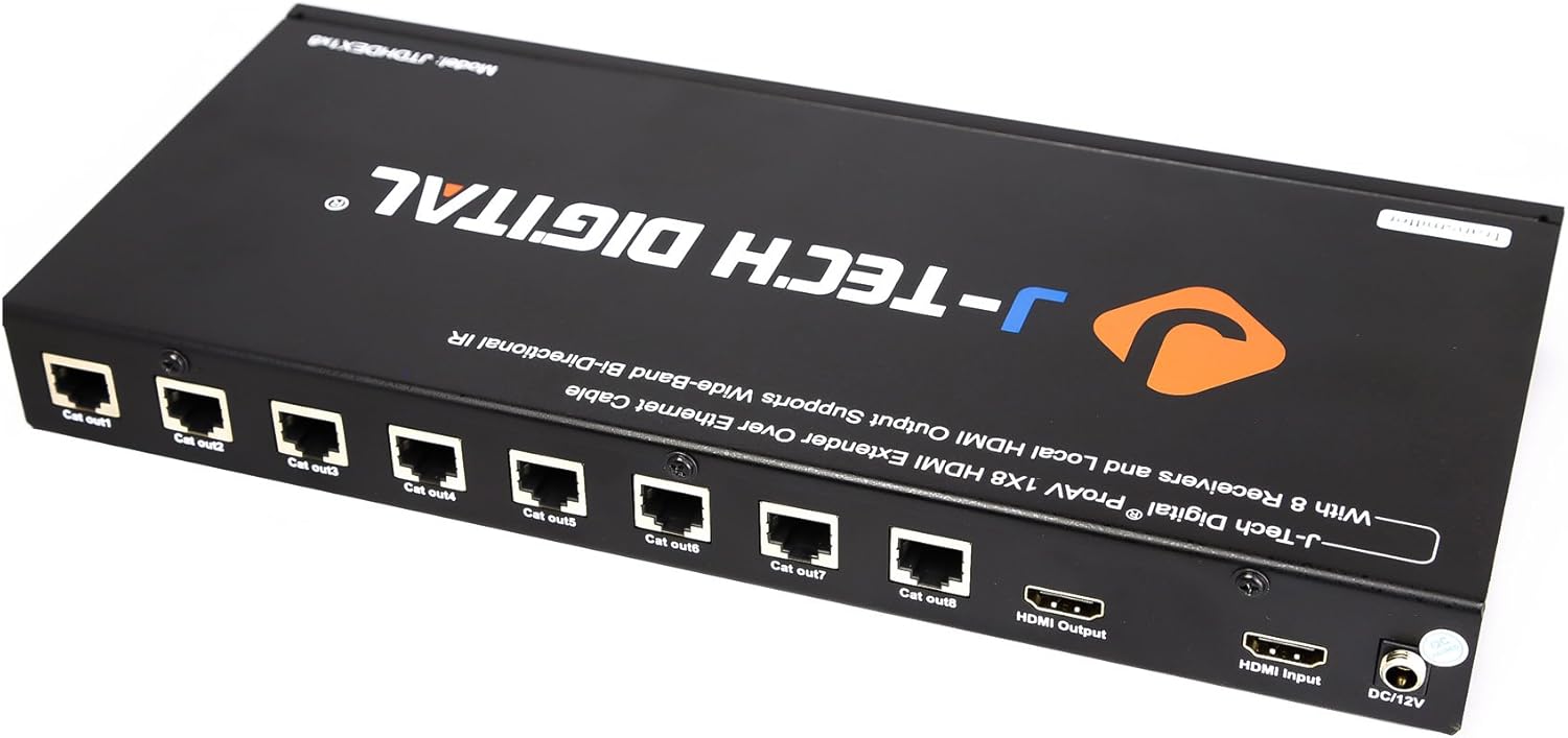 J-Tech Digital ProAV 1X8 HDMI Extender HDMI Amplifier HDMI Splitter Over Ethernet Cable with Bi-Direction IR and EDID Functions (1x8)