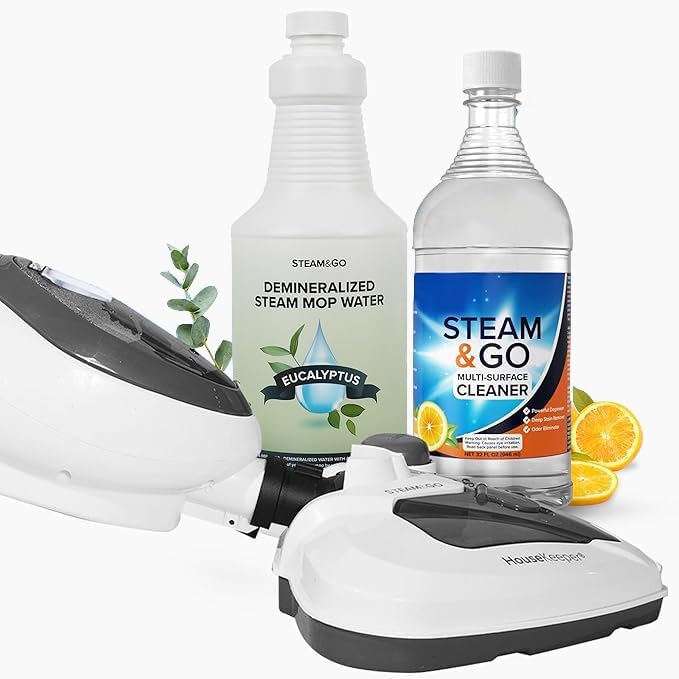 Steam and Go The Housekeeper 10-in-1 Steam Cleaner, Demineralized Water 32oz & Multi-Purpose Cleaner 32oz Bundle - Cleans Floors, Carpet, Upholstery & Surface - Eucalyptus Mint Scent - Odor Eliminator