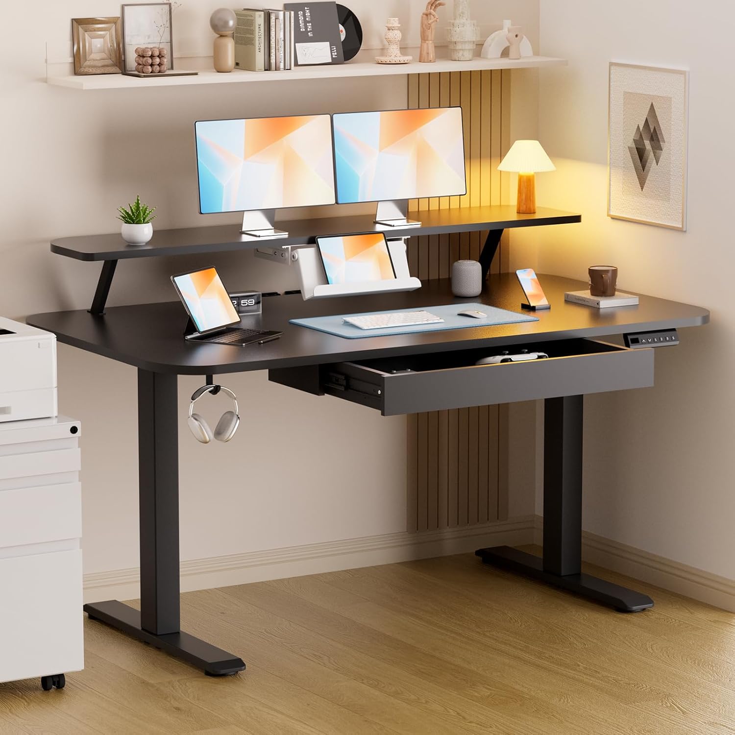 GTPLAYER Electric Standing Desk with Drawers, 55 x 24 Inches Height Adjustable Computer Desk with Monitor Stand, Laptop Stand, Sit Stand up Desk with Memory Preset for Home, Office, Black