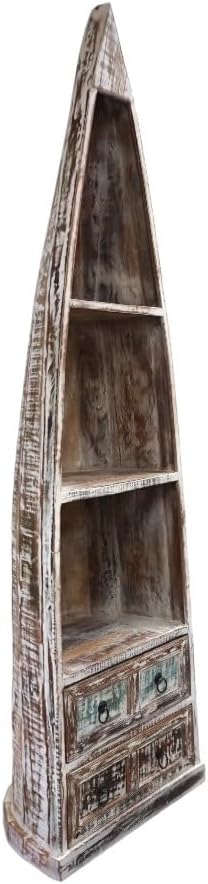 Sundara Furnishings Nautical Bookcase, Canoe Bookcase with 2 Drawers, Reclaimed Wood, Whitewashed, 81