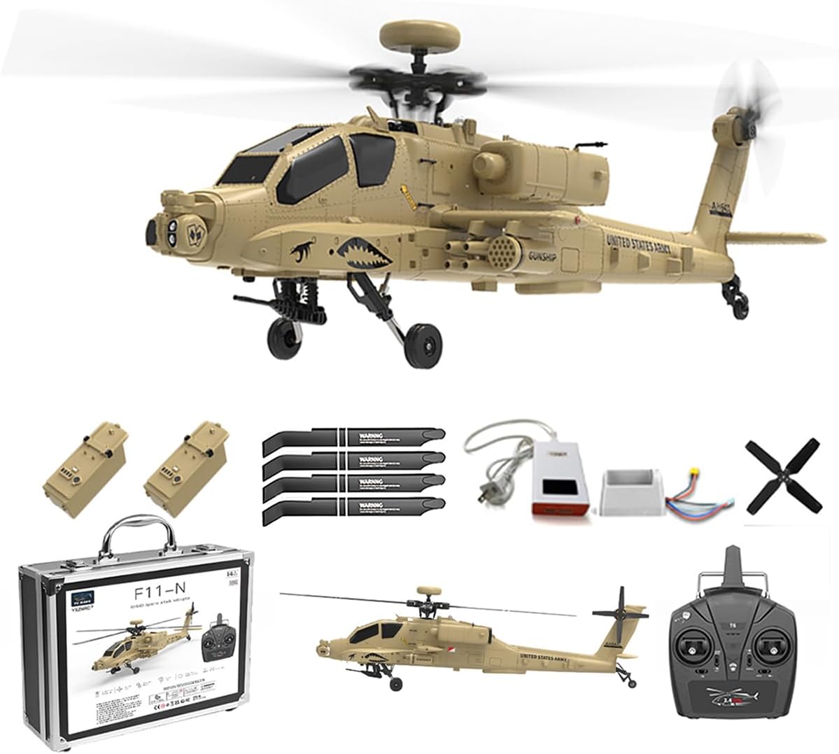 1/32 RC F11-N AH64 Helicopter, 2.4G 6CH Dual Rotor Military Aircraft, 6G/3D Flight with Optical Flow Altitude Hold, Desert Yellow Apachhe Helicopter