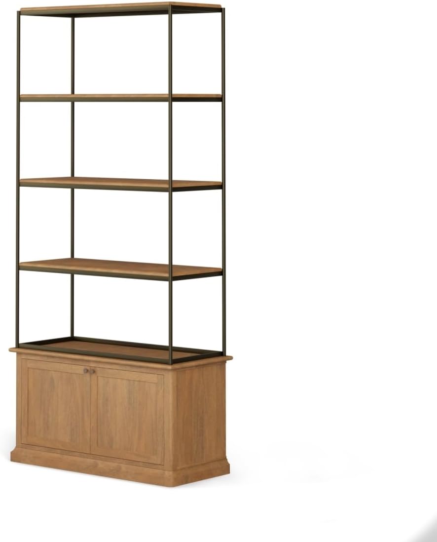 HomeRoots 611045 42 in. Antiqued Brass & Light Brown Distressed Metal & Solid Wood Four Tier Bookcase with Two Doors