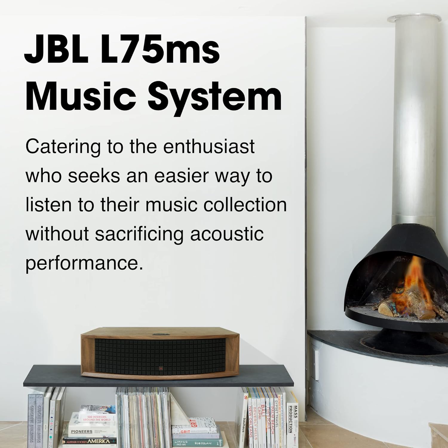 JBL L75ms Music System - Retro-Inspired Walnut Cabinet + Black Quadrex Foam Grille - with Google Chromecast Built-in, Apple AirPlay 2 & Bluetooth